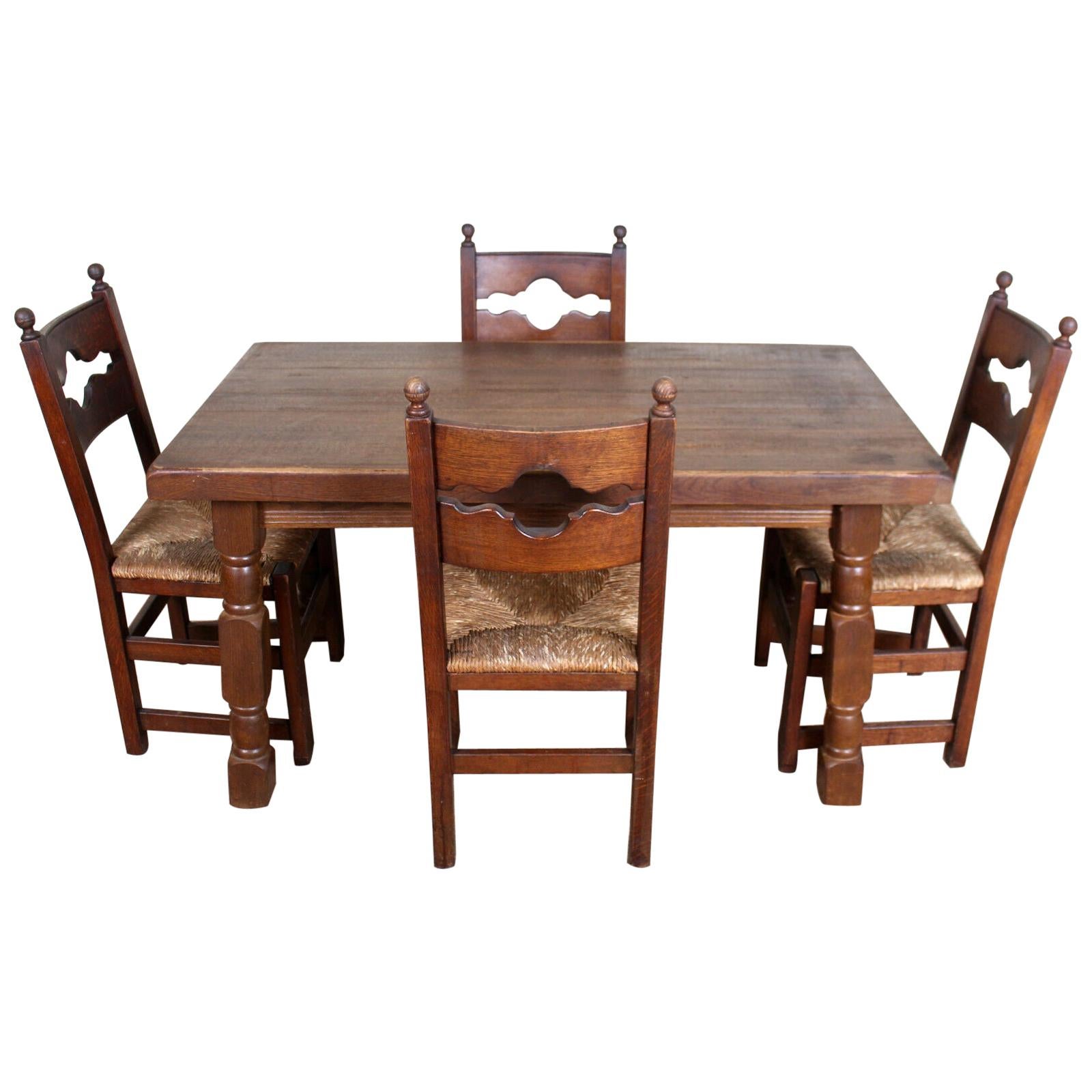 English Oak Dining Table and 4 Chairs Country Arts & Crafts Rustic Rush Country For Sale