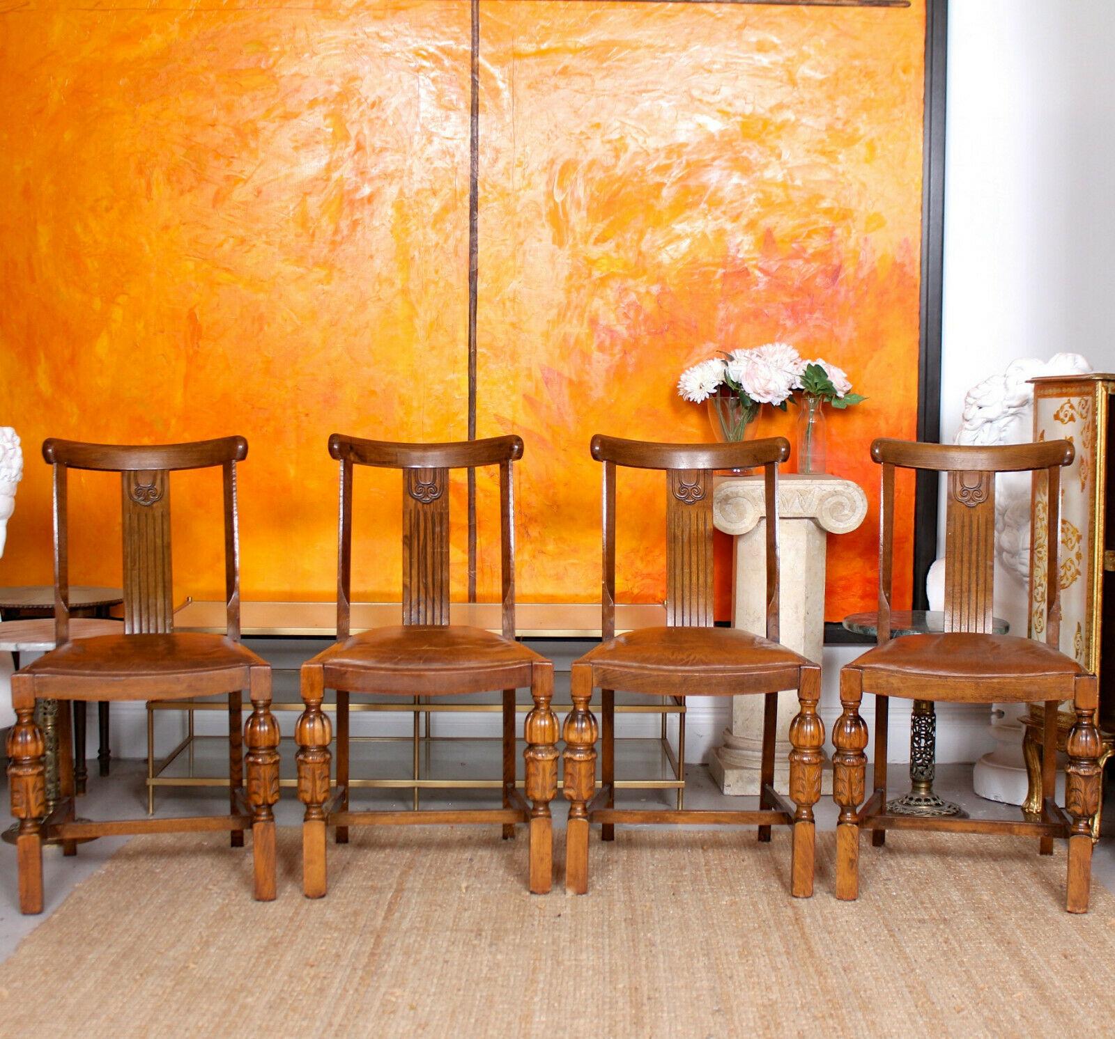 An impressive antique five-piece oak dining suite.

The chairs with yoked carved backrests, worn drop in seats and raised on well carved turned and splayed legs united by stretchers. The refectory table extending by way of drawer leaf mechanism