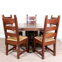 English Oak Dining Table and 5 Chairs Country Arts & Crafts Rustic Rush Country