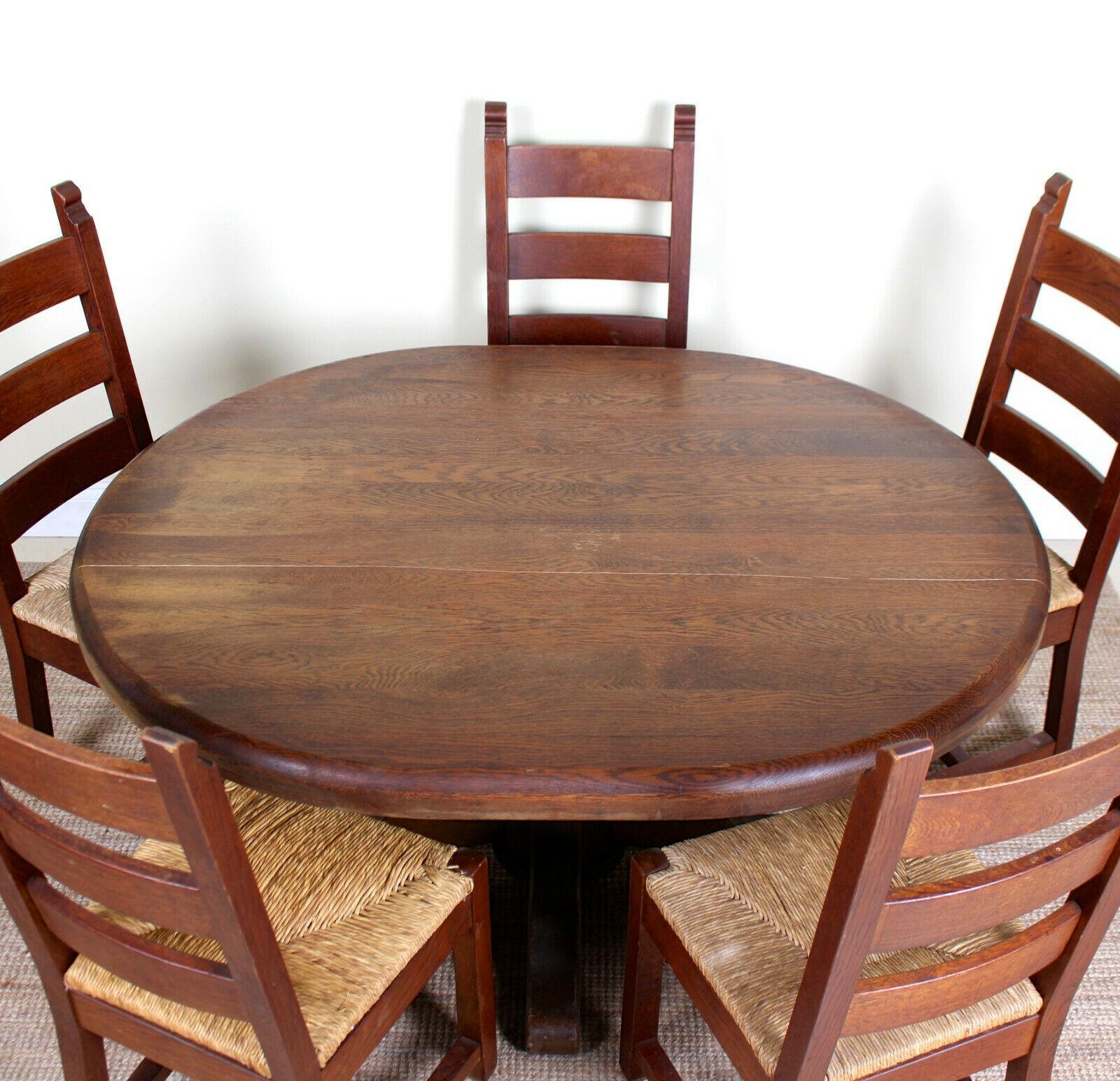 English Oak Dining Table and 5 Chairs Country Arts & Crafts Rustic Rush Country For Sale 3
