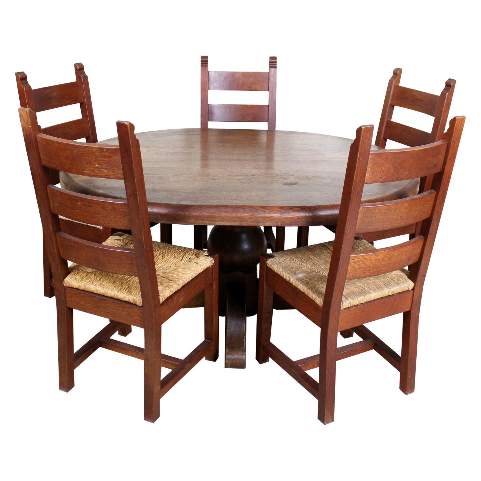 English Oak Dining Table and 5 Chairs Country Arts & Crafts Rustic Rush Country For Sale
