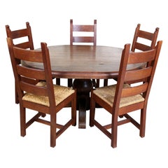 English Oak Dining Table and 5 Chairs Country Arts & Crafts Rustic Rush Country