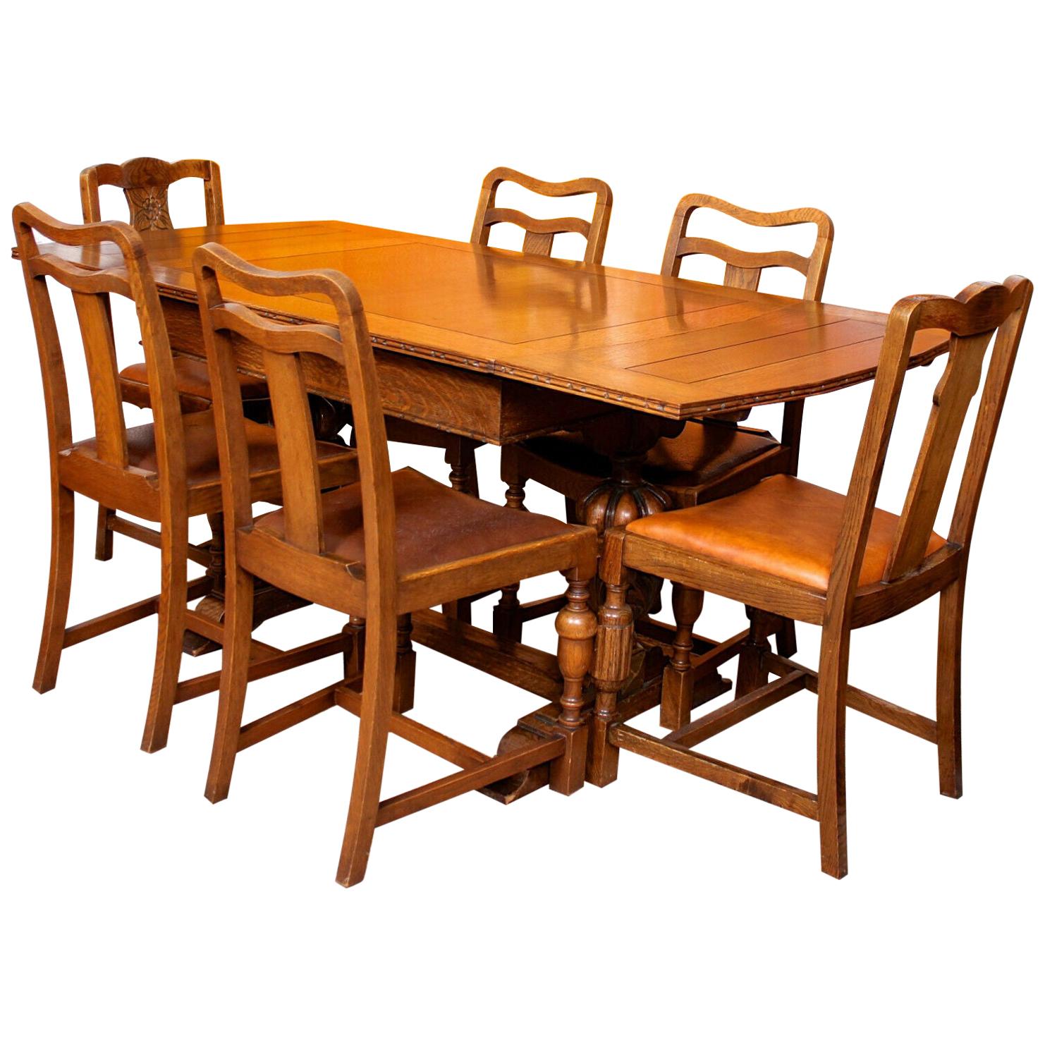English Oak Dining Table and 6 Chairs Country Arts & Crafts