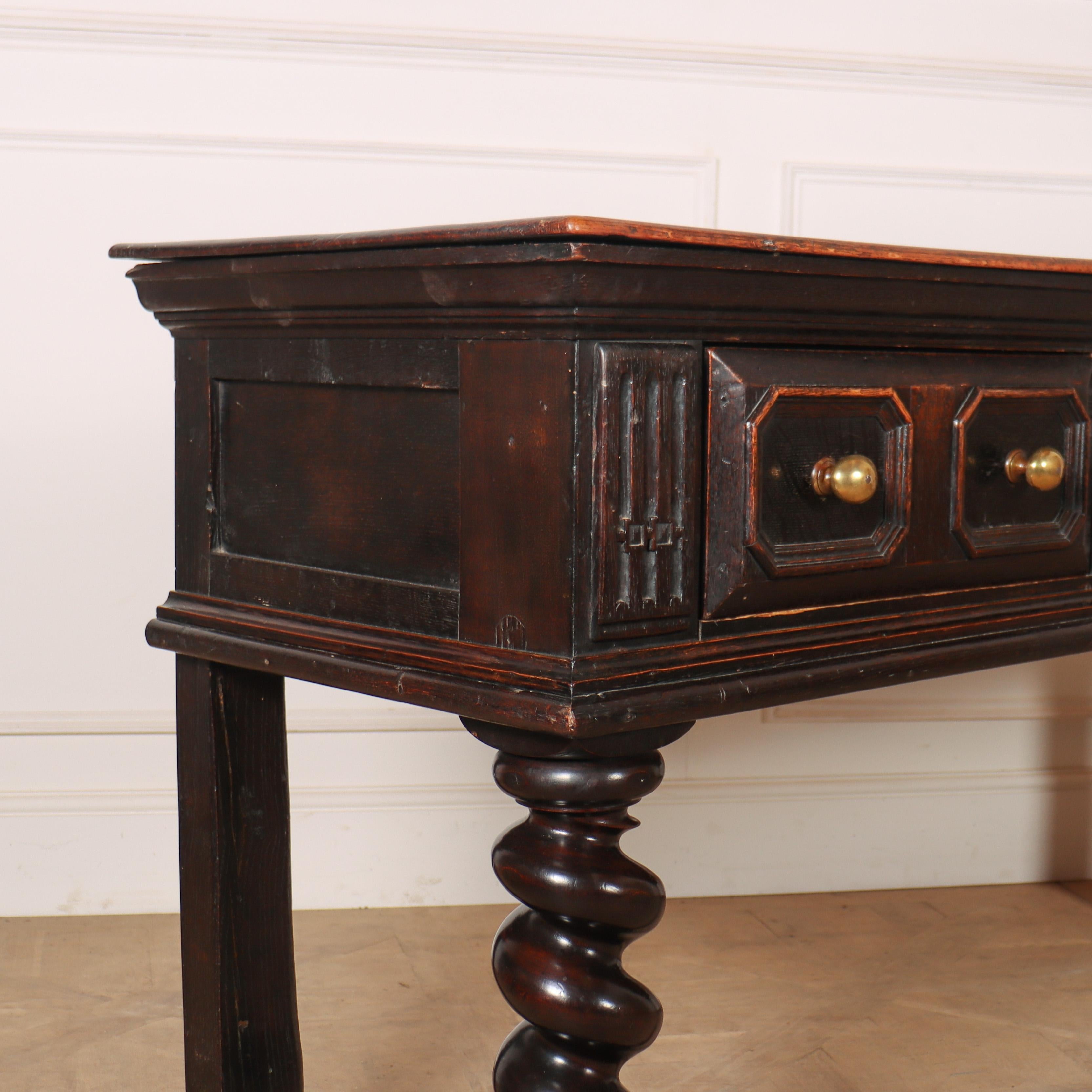 19th C English 3 drawer oak dresser base with barley twist legs. 1830.

Reference: 8131

Dimensions
70.5 inches (179 cms) Wide
20.5 inches (52 cms) Deep
35.5 inches (90 cms) High