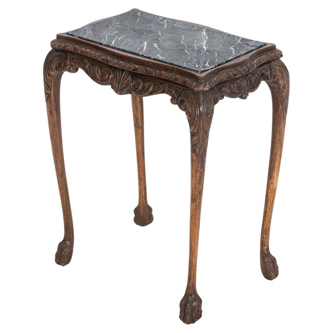 English Oak & Faux Marble Lion Paw Side Table For Sale
