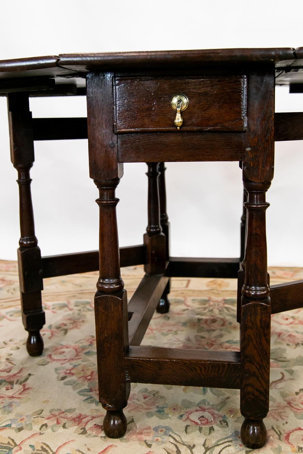 Brass English Oak Gate Leg Table For Sale