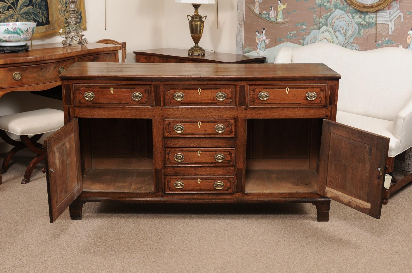 Brass English Oak George III Inlaid Dresser Base, circa 1800