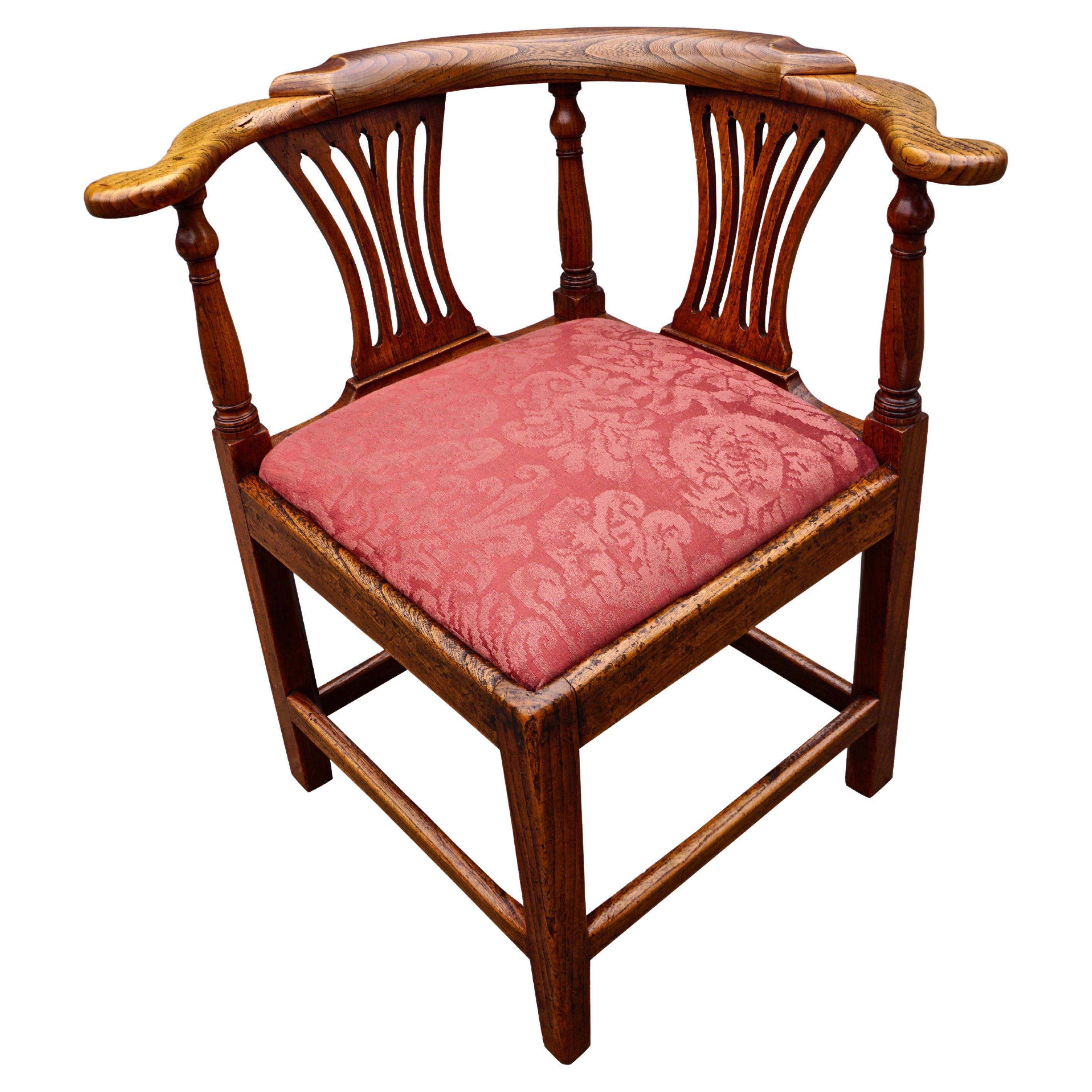 English Oak George III Period Corner Chair with Damask Upholstered Seat