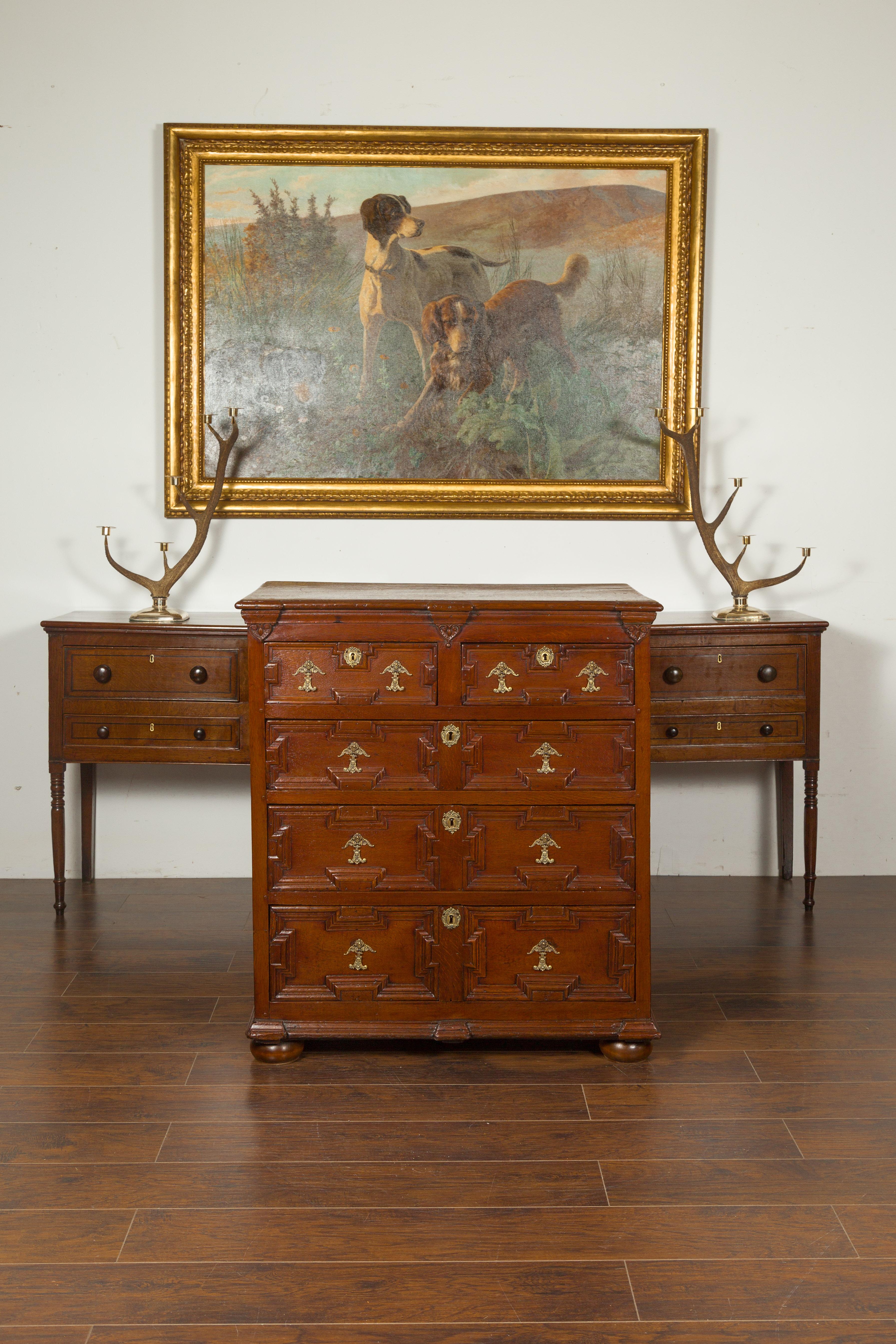 Carved English Oak Georgian Period Geometric Front Five-Drawer Chest, circa 1800 For Sale