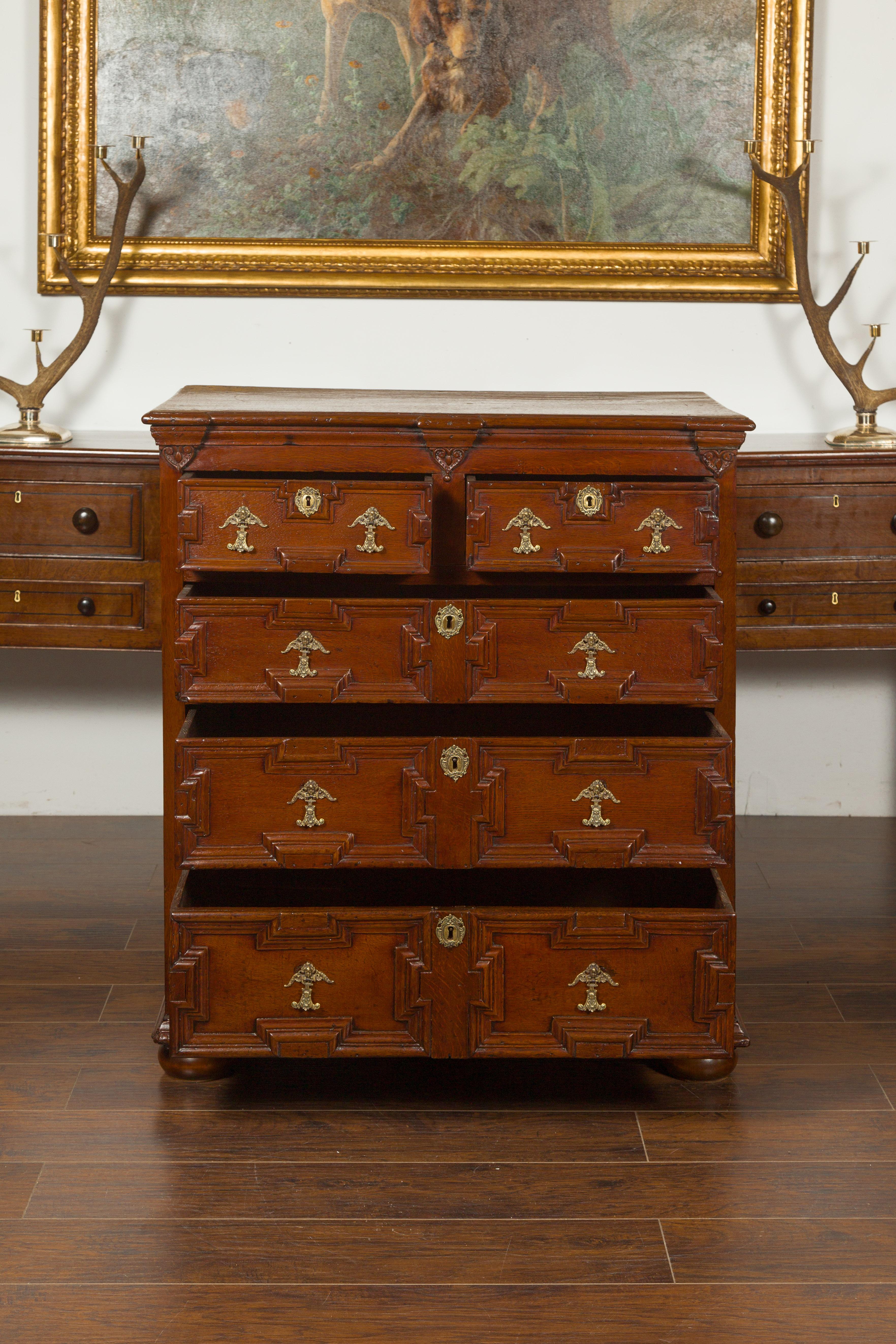 19th Century English Oak Georgian Period Geometric Front Five-Drawer Chest, circa 1800 For Sale