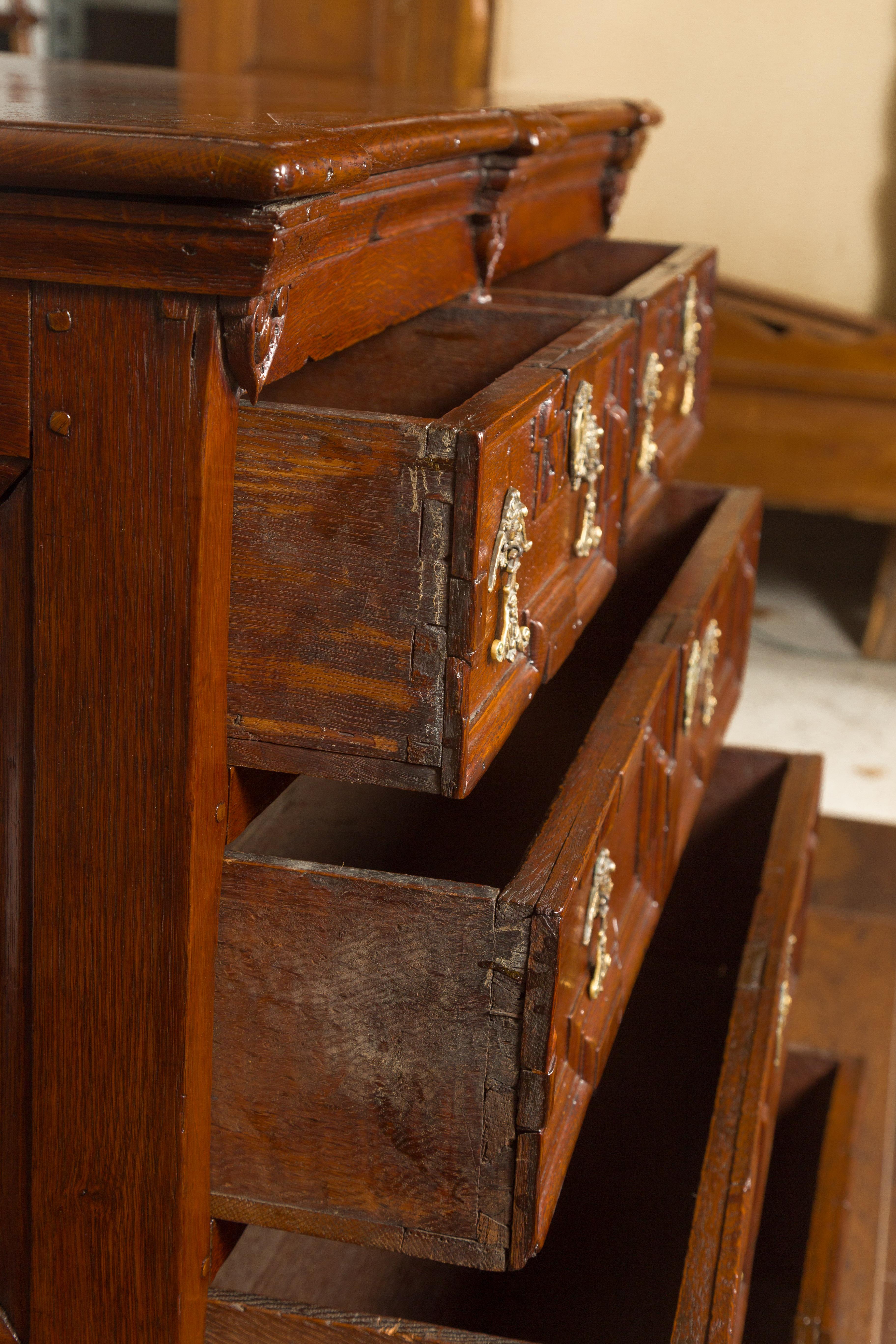 Brass English Oak Georgian Period Geometric Front Five-Drawer Chest, circa 1800 For Sale