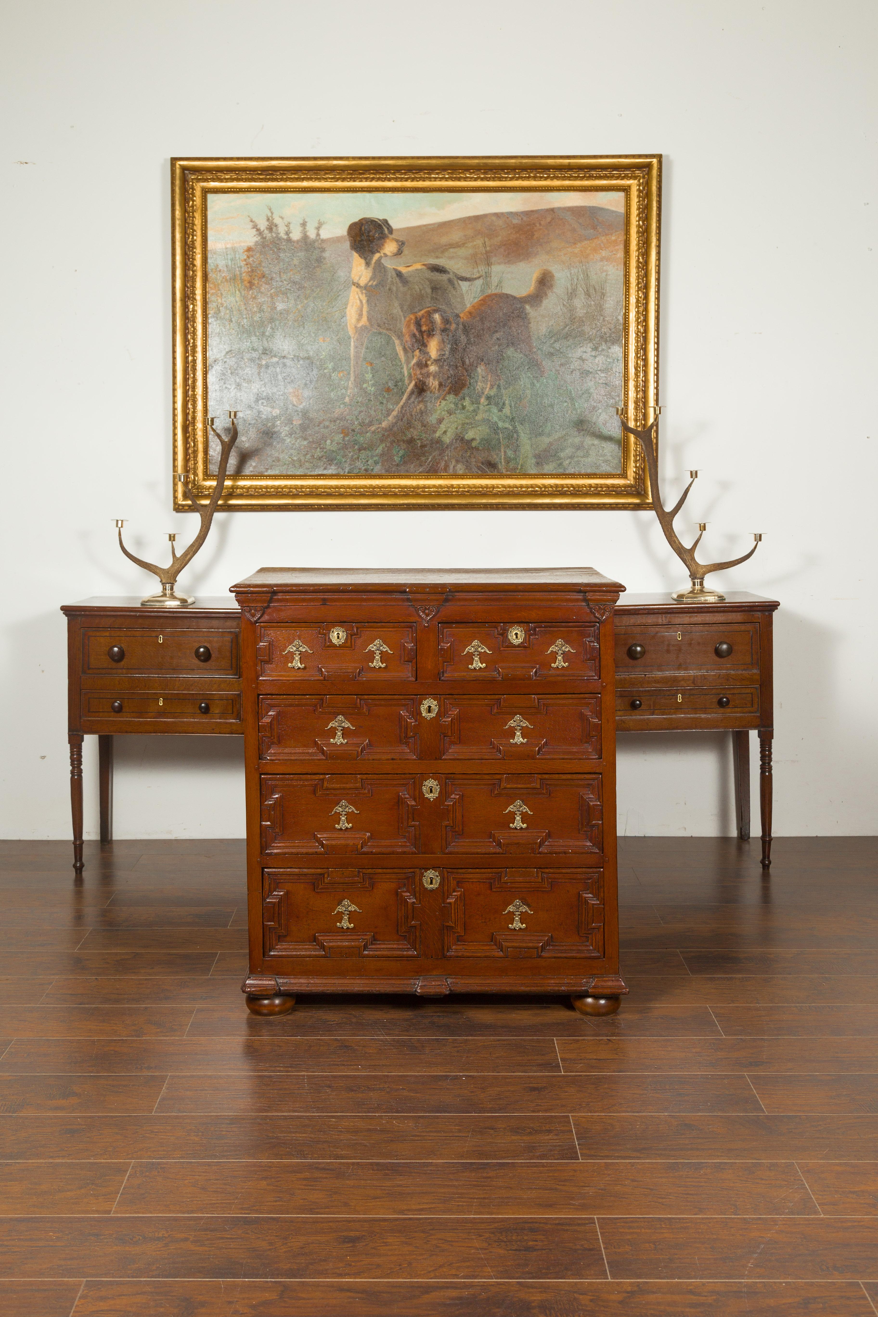 English Oak Georgian Period Geometric Front Five-Drawer Chest, circa 1800 For Sale 2