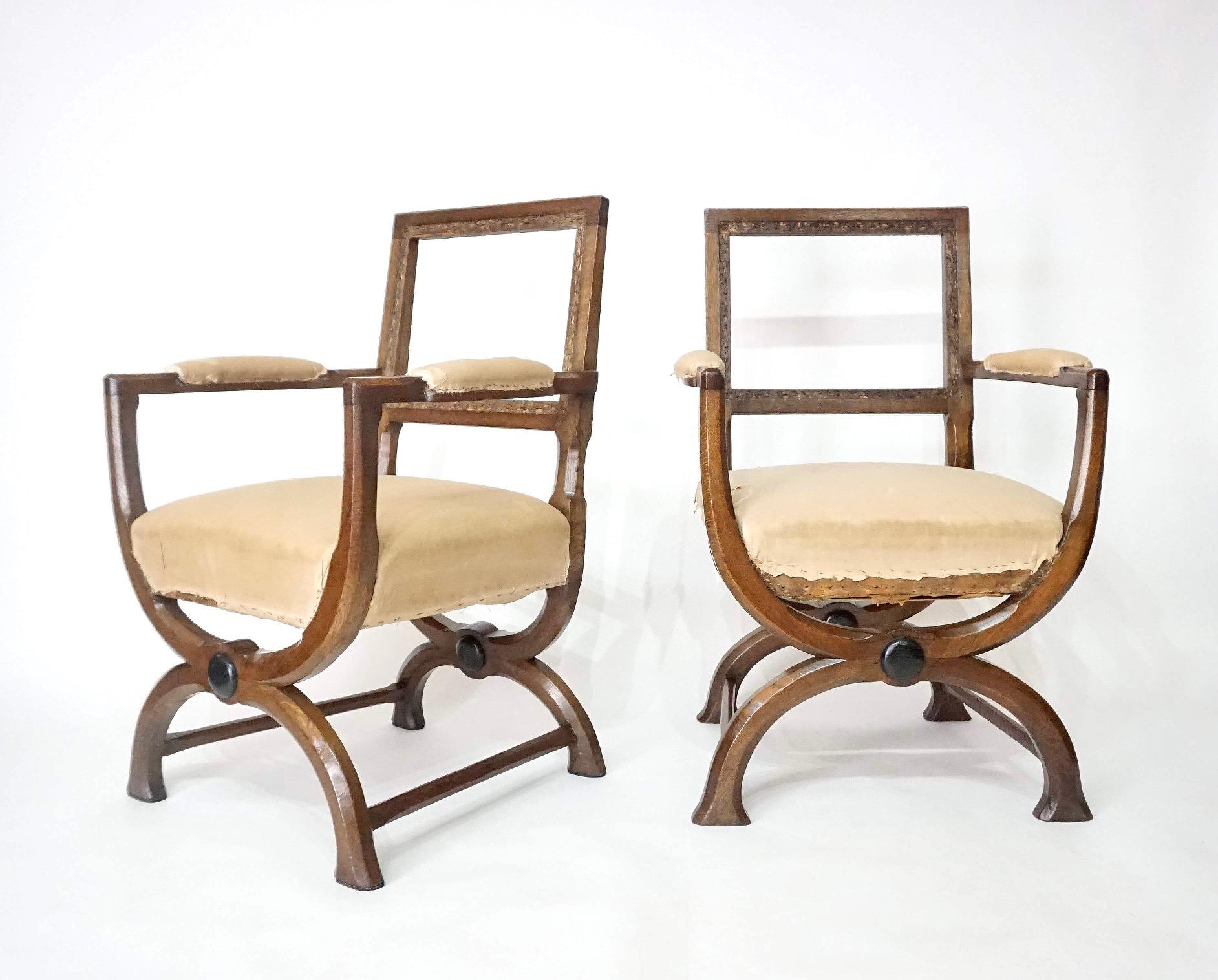 English Oak Gothic Style Curule Armchairs Attributed to A.W.N. Pugin, circa 1830 For Sale 11