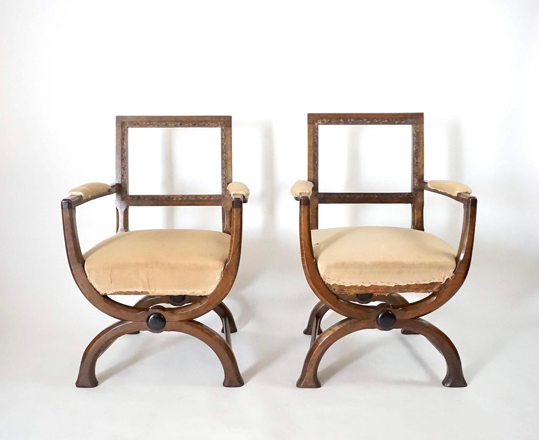 Gothic Revival English Oak Gothic Style Curule Armchairs Attributed to A.W.N. Pugin, circa 1830 For Sale