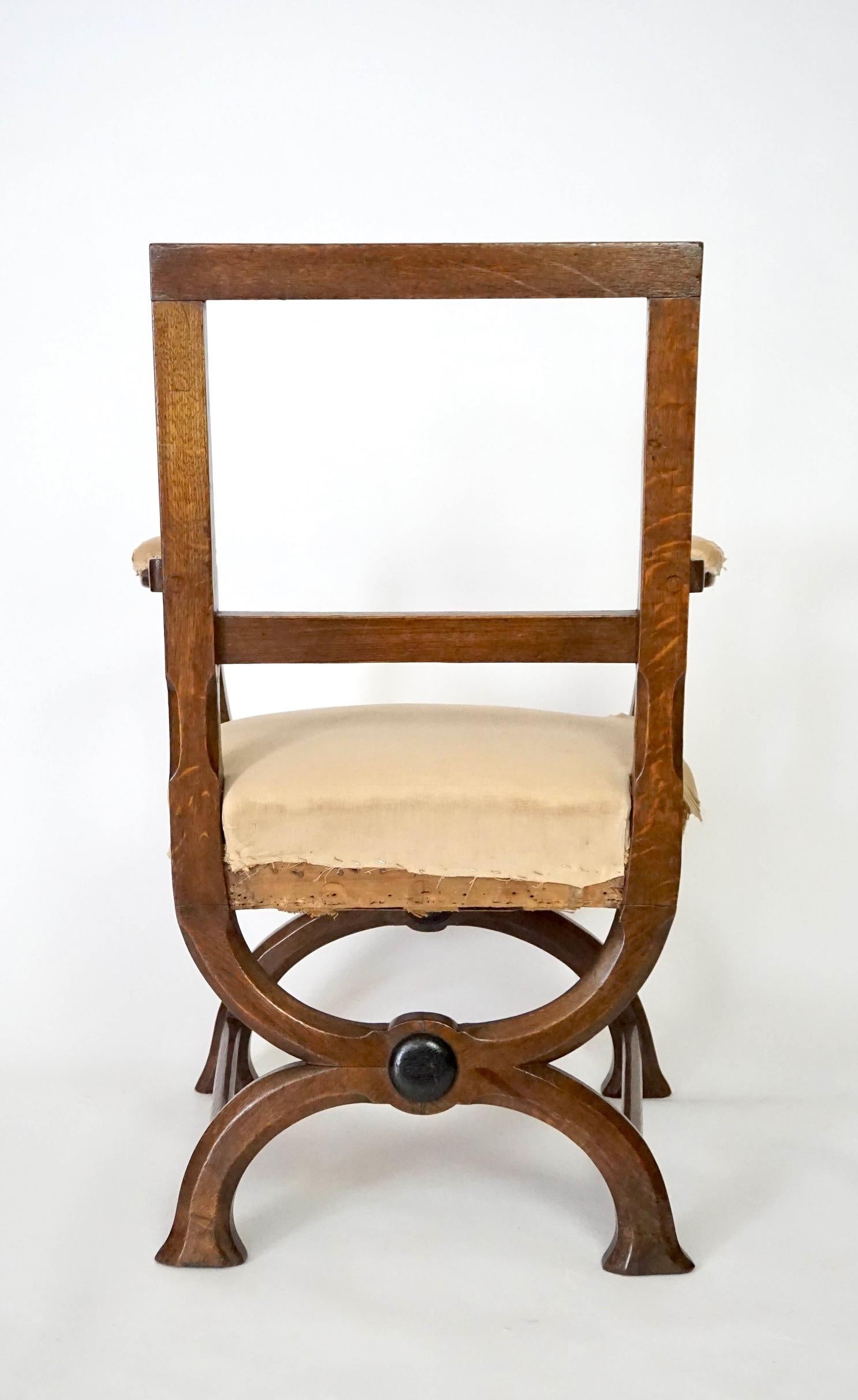 Upholstery English Oak Gothic Style Curule Armchairs Attributed to A.W.N. Pugin, circa 1830 For Sale