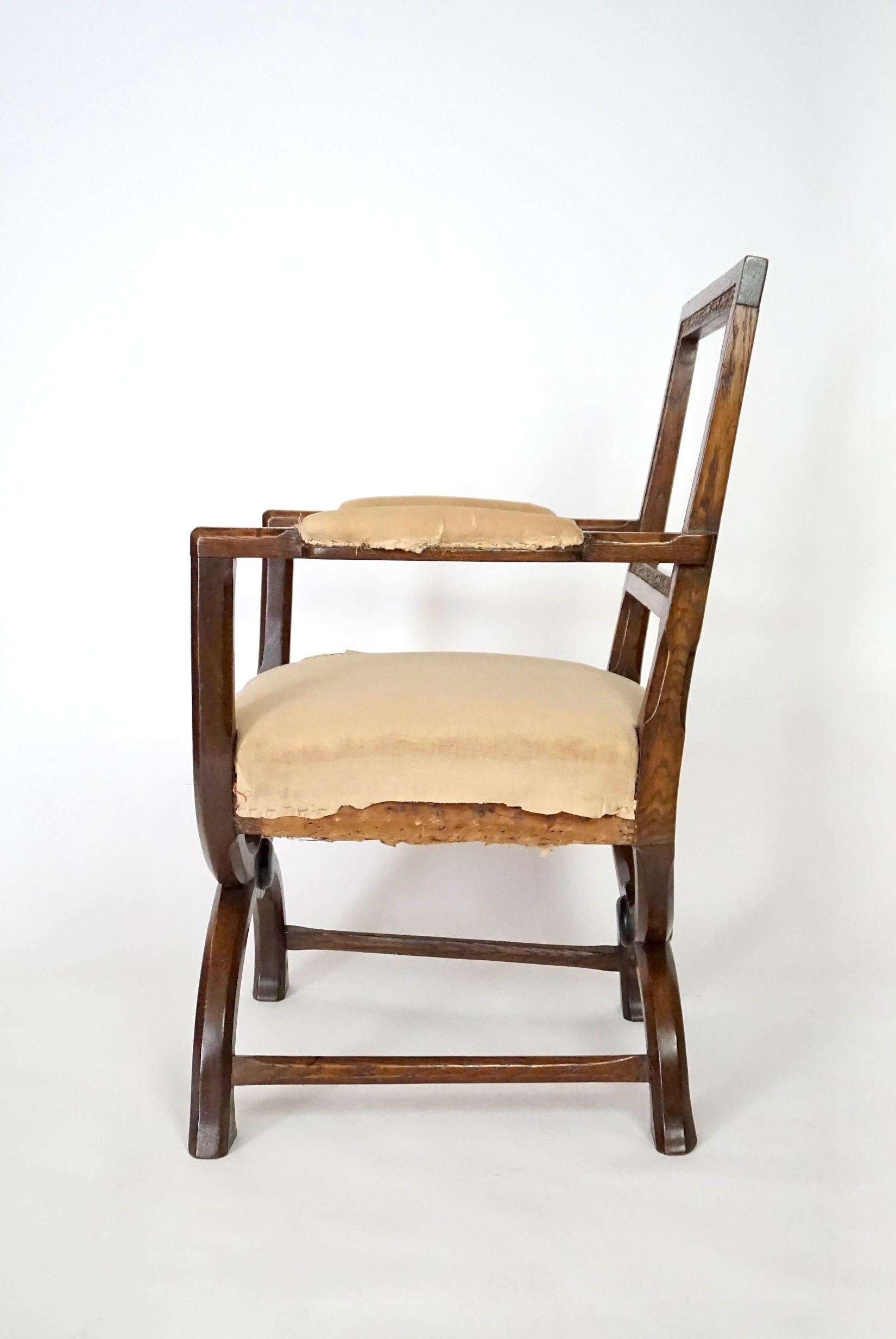 English Oak Gothic Style Curule Armchairs Attributed to A.W.N. Pugin, circa 1830 For Sale 1