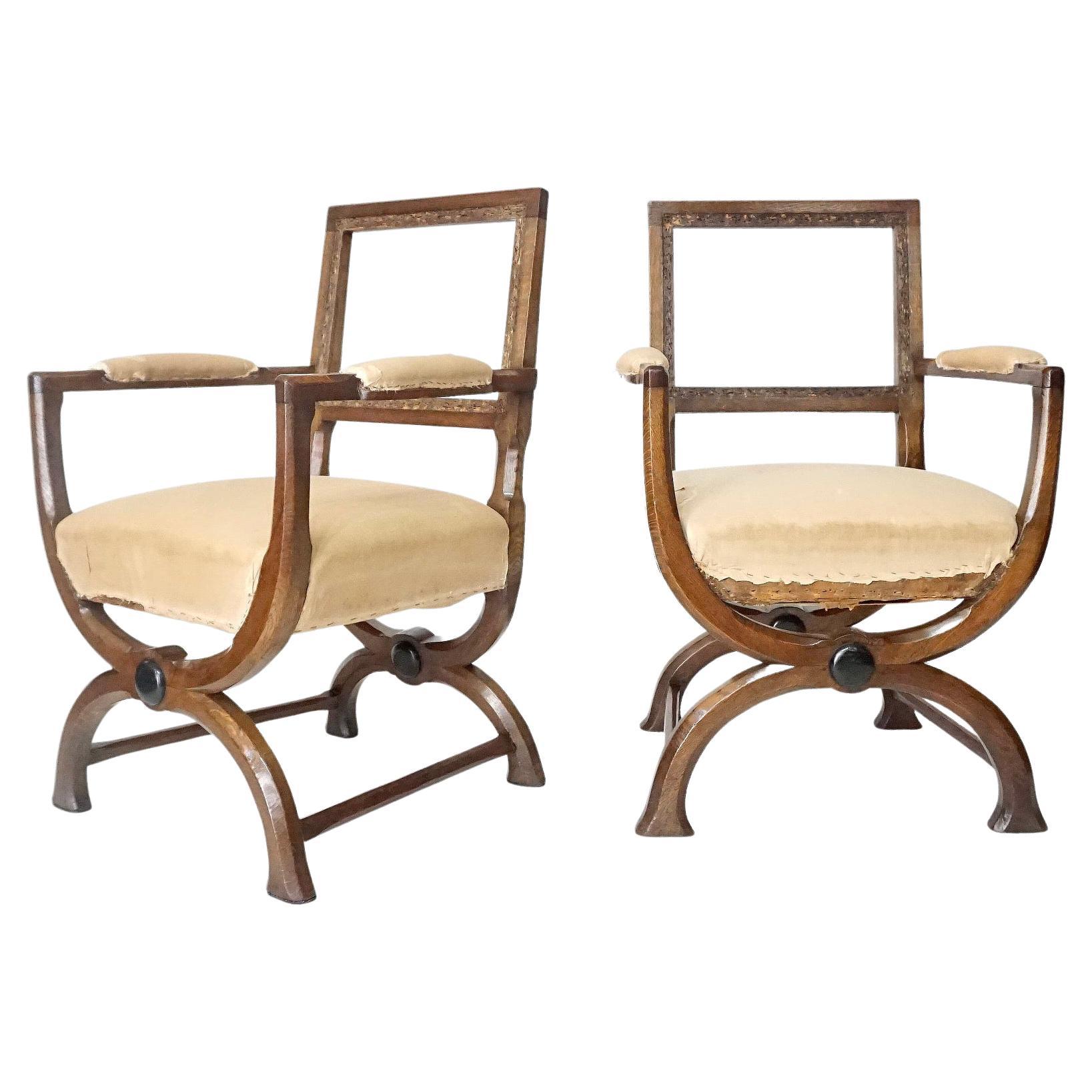 English Oak Gothic Style Curule Armchairs Attributed to A.W.N. Pugin, circa 1830 For Sale