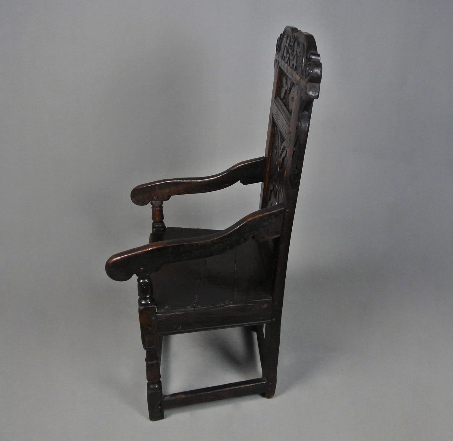 18th Century and Earlier English Oak ‘Great Chair’ inlaid with Holly and Bog Oak c. 1650