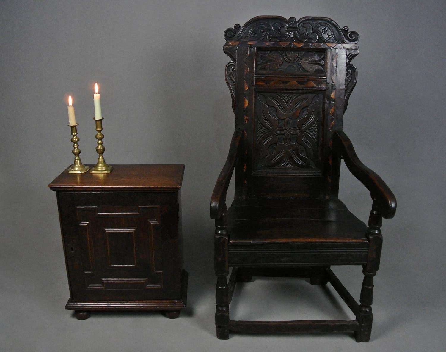 English Oak ‘Great Chair’ inlaid with Holly and Bog Oak c. 1650 1
