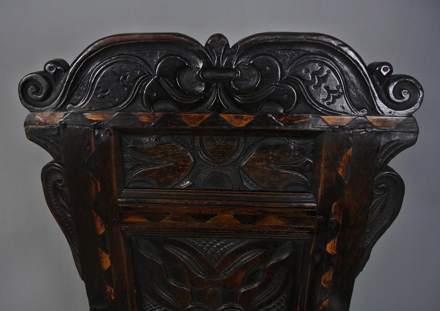 English Oak ‘Great Chair’ inlaid with Holly and Bog Oak c. 1650 3