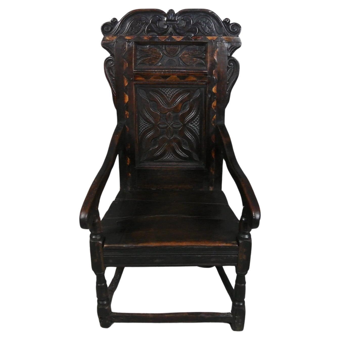 English Oak ‘Great Chair’ inlaid with Holly and Bog Oak c. 1650