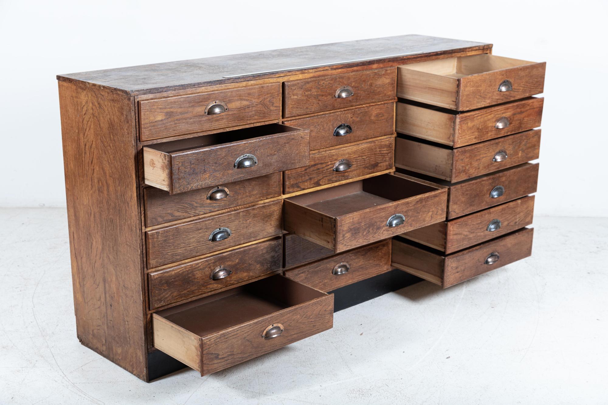 Circa 1920

English Oak Haberdashery Bank of 16 Dovetailed Drawers with Brass Yard Stick.

sku 922

W183 X D46 X H99 cm