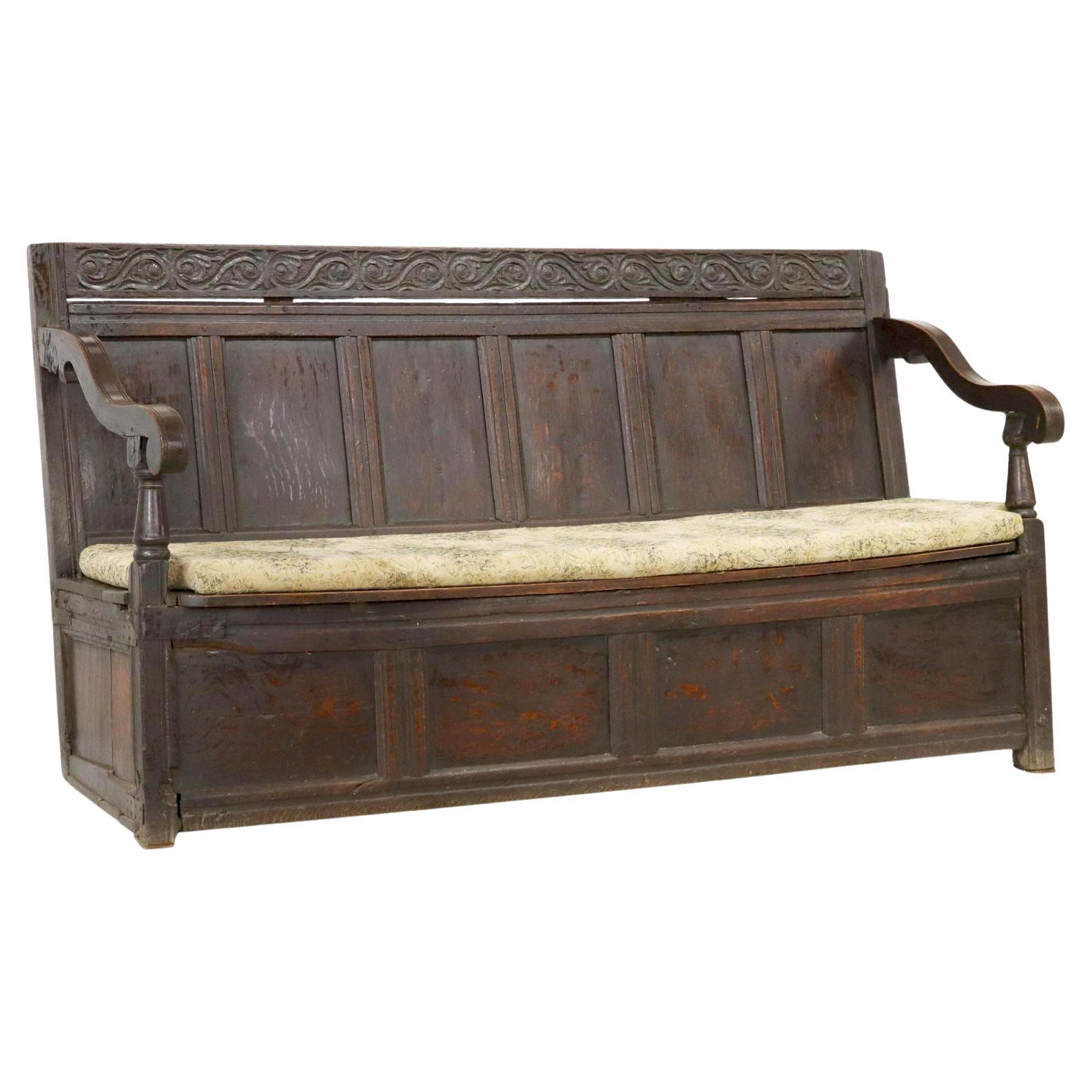 English Oak Hall Storage Settle Bench, 18th C.