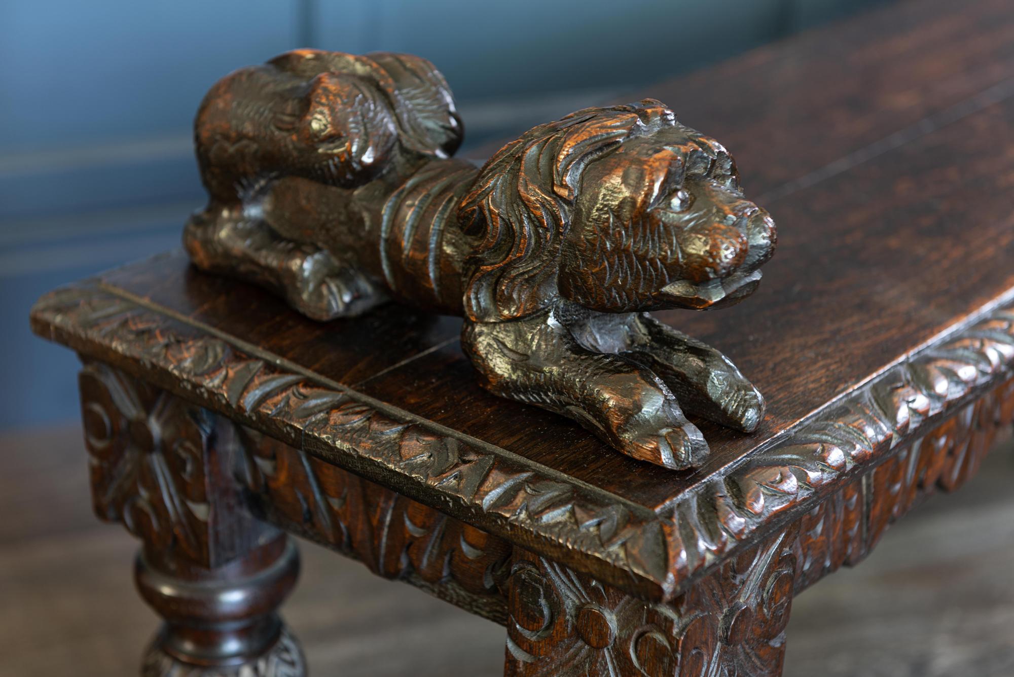 Jacobean English Oak Hand Carved Bench Settle with Recumbent Carved Lions For Sale