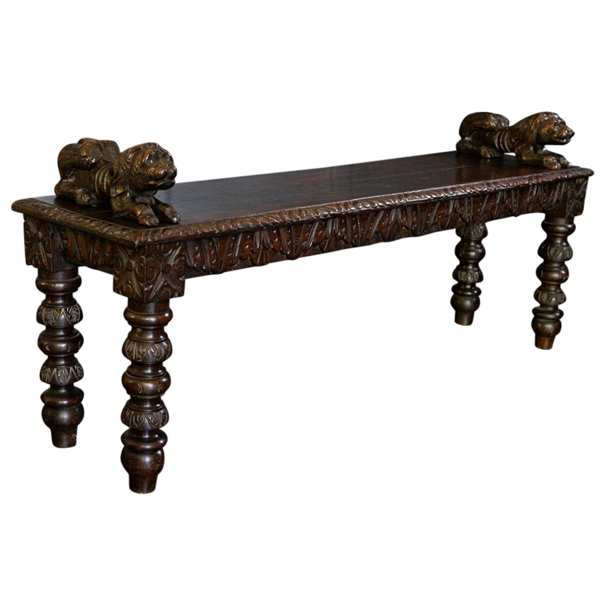 English Oak Hand Carved Bench Settle with Recumbent Carved Lions For Sale