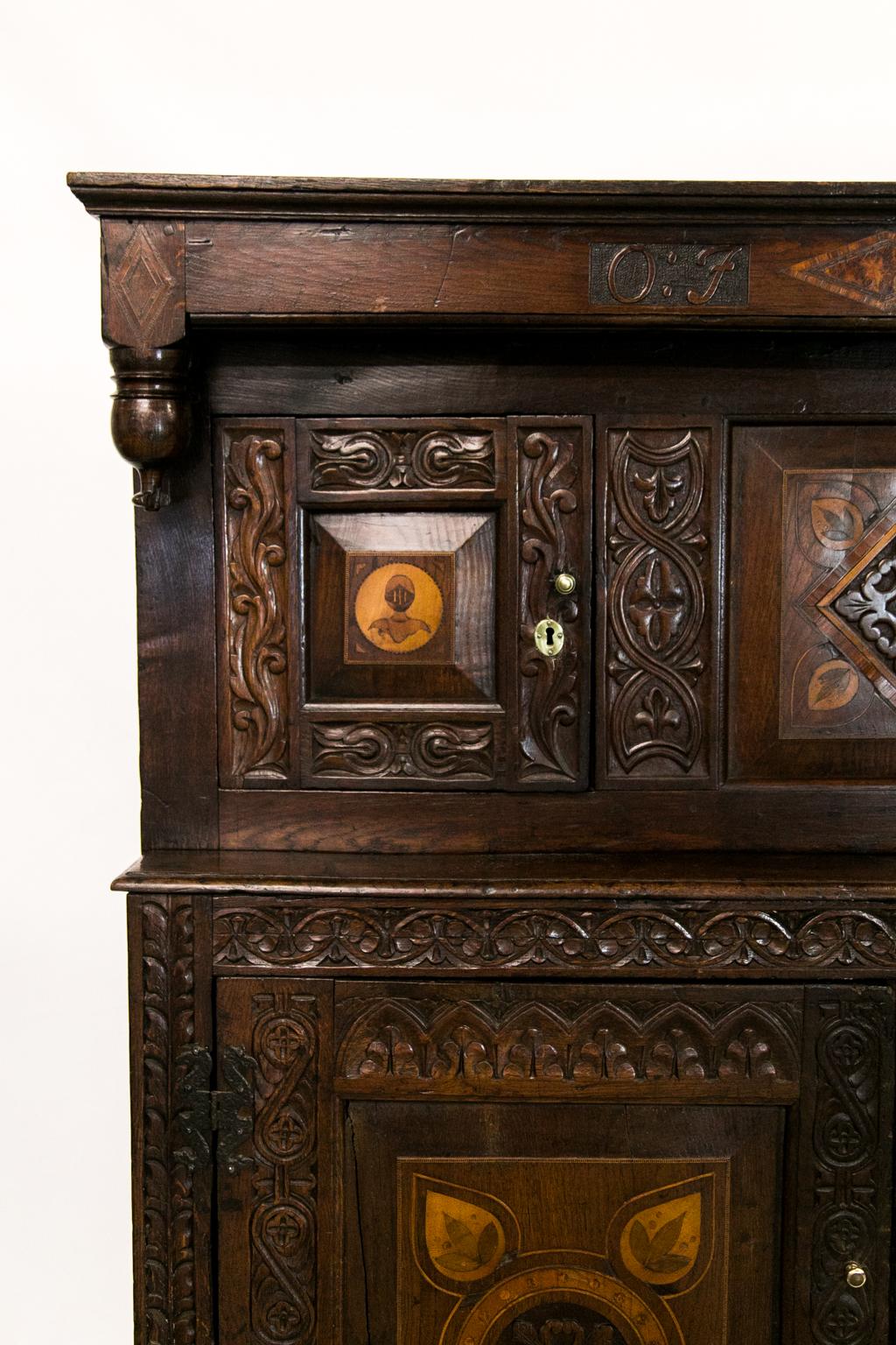 Inlay English Oak Inlaid Court Cupboard For Sale