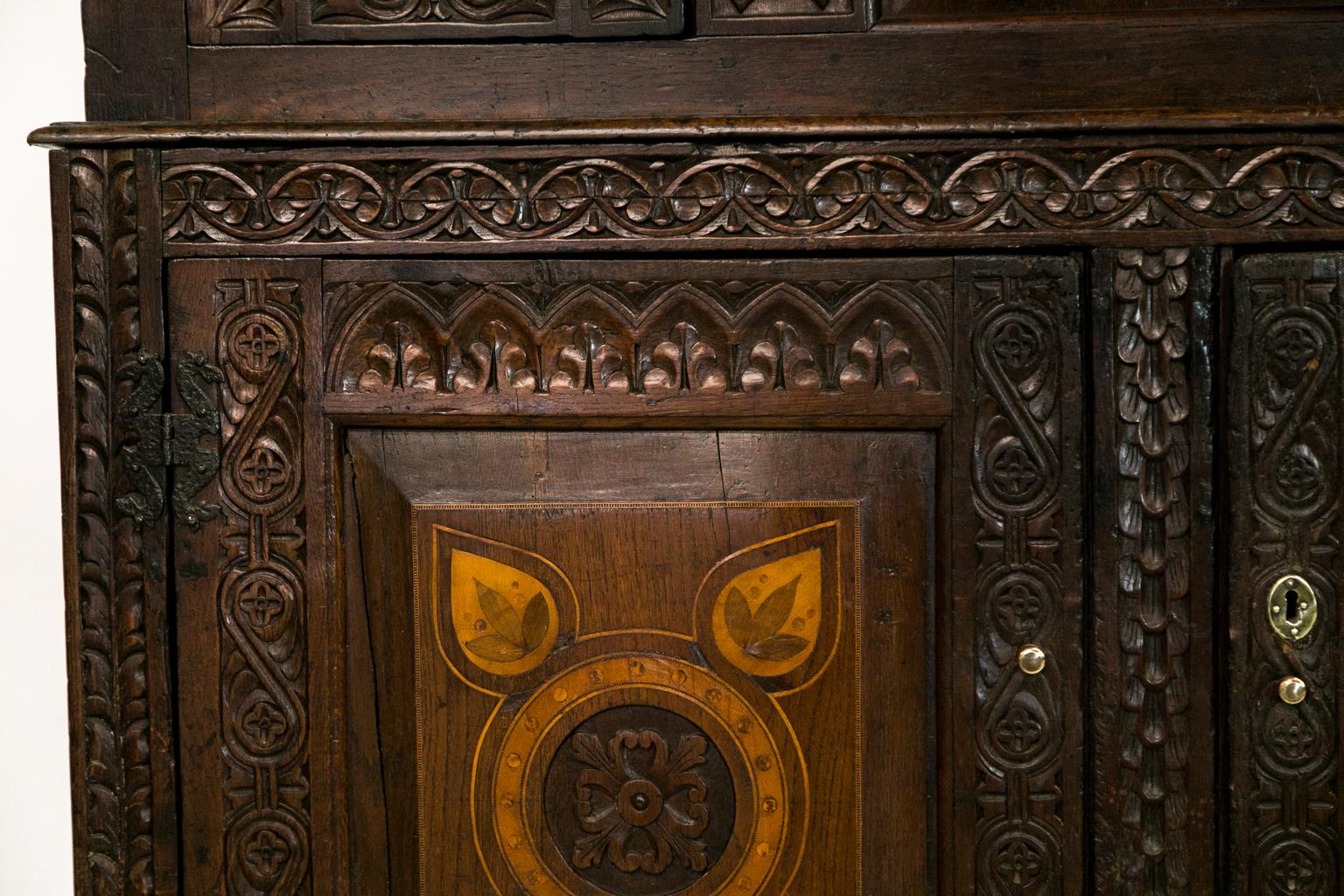 Mid-18th Century English Oak Inlaid Court Cupboard For Sale