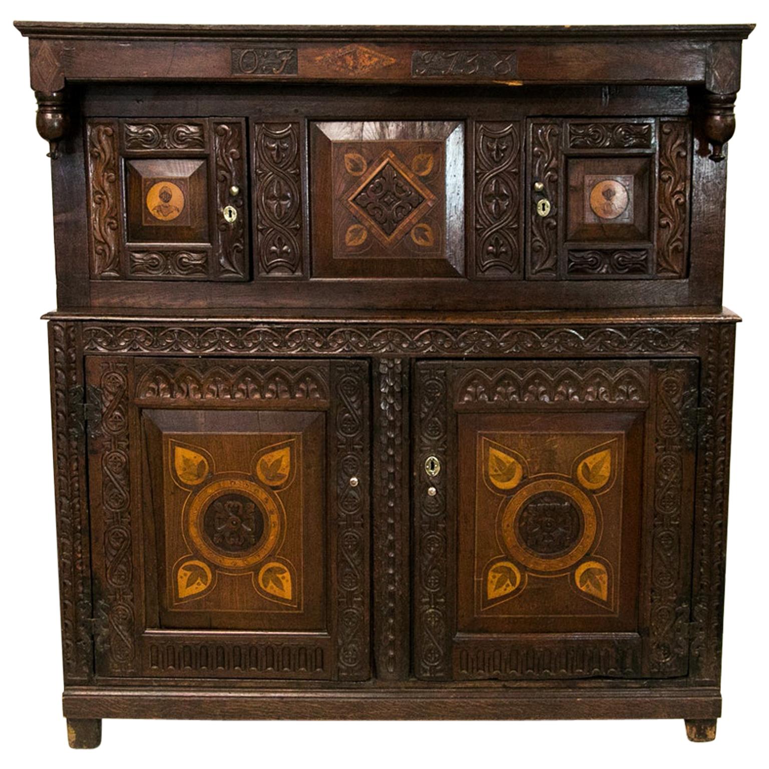 English Oak Inlaid Court Cupboard For Sale