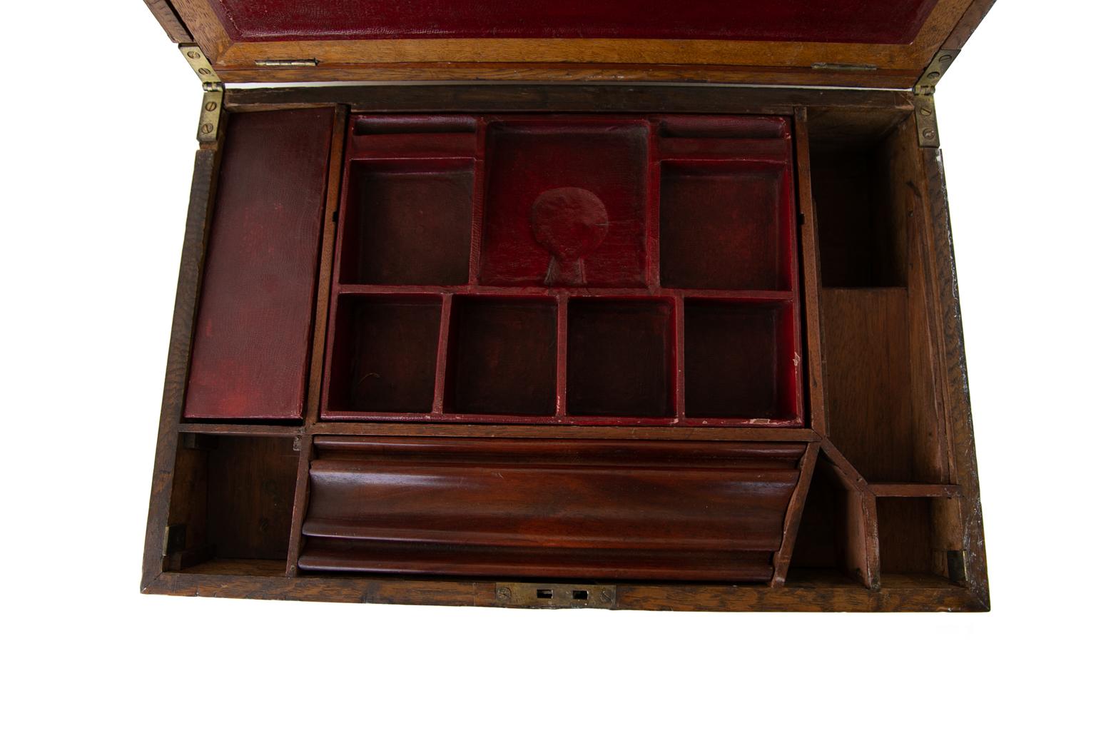 Brass English Oak Inlaid Writing Box For Sale
