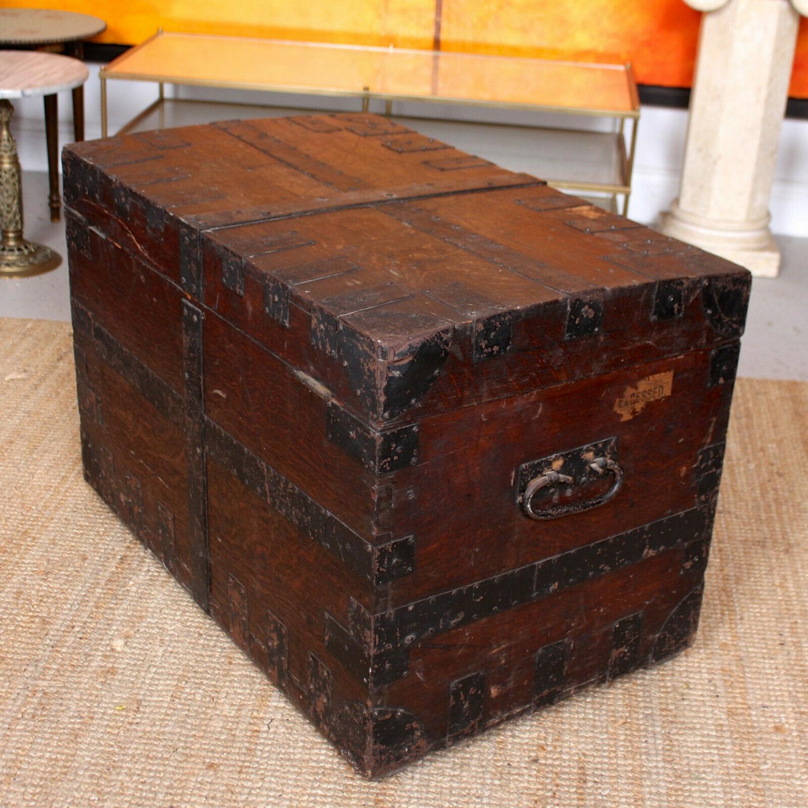 English Oak Iron Bound Silver Chest 19th Century Trunk Blanket Box For Sale 7