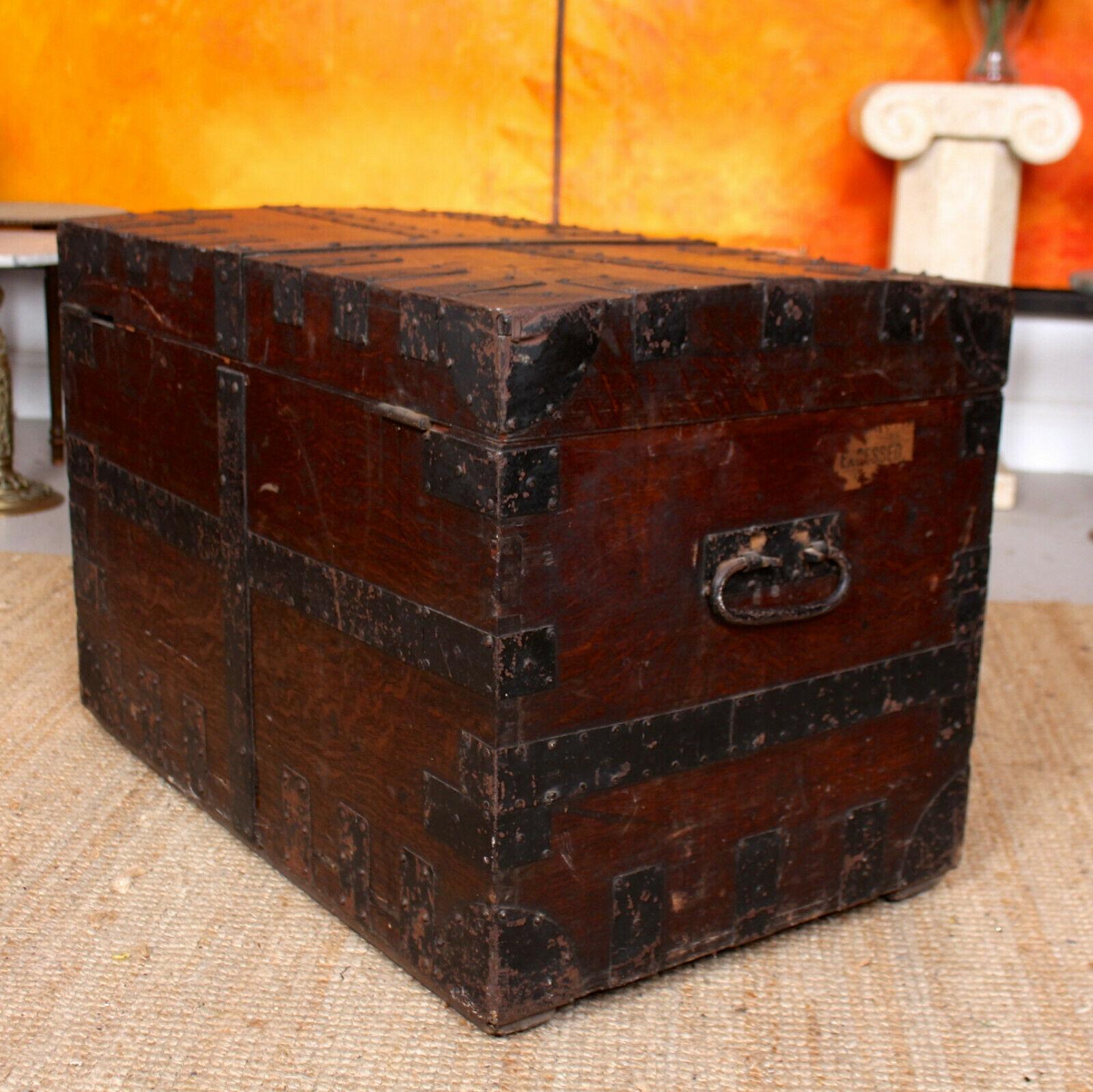 English Oak Iron Bound Silver Chest 19th Century Trunk Blanket Box For Sale 1