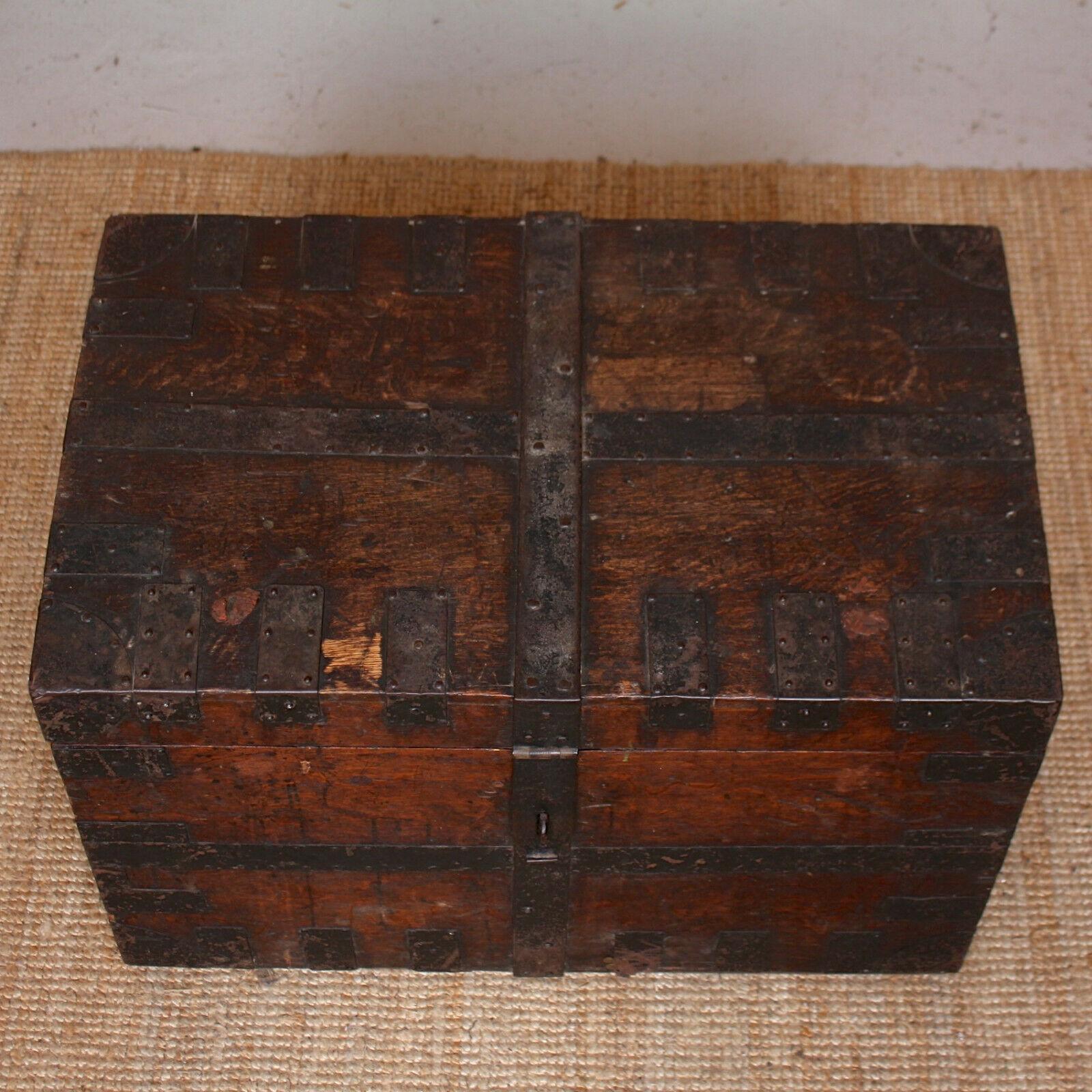 English Oak Iron Bound Silver Chest 19th Century Trunk Blanket Box For Sale 2