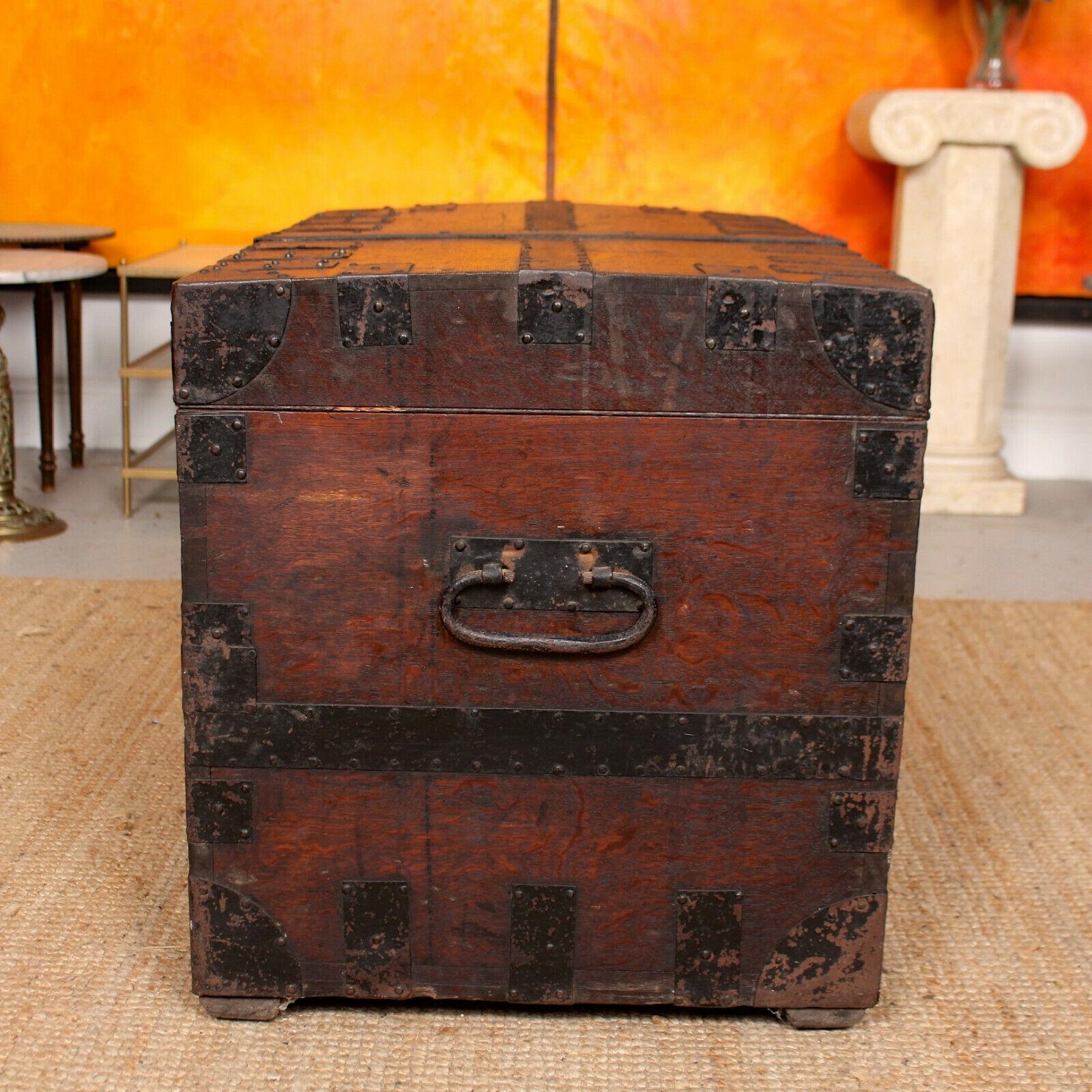 English Oak Iron Bound Silver Chest 19th Century Trunk Blanket Box For Sale 3