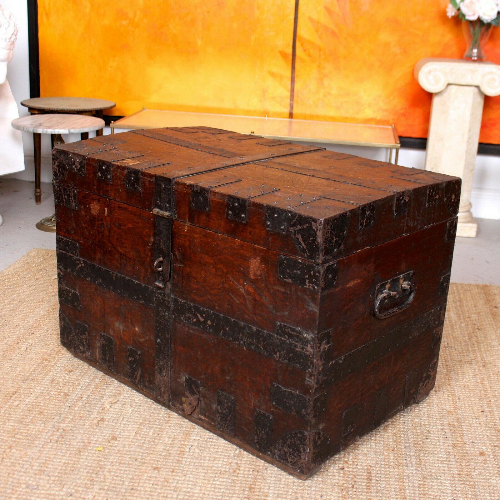 English Oak Iron Bound Silver Chest 19th Century Trunk Blanket Box For Sale 6