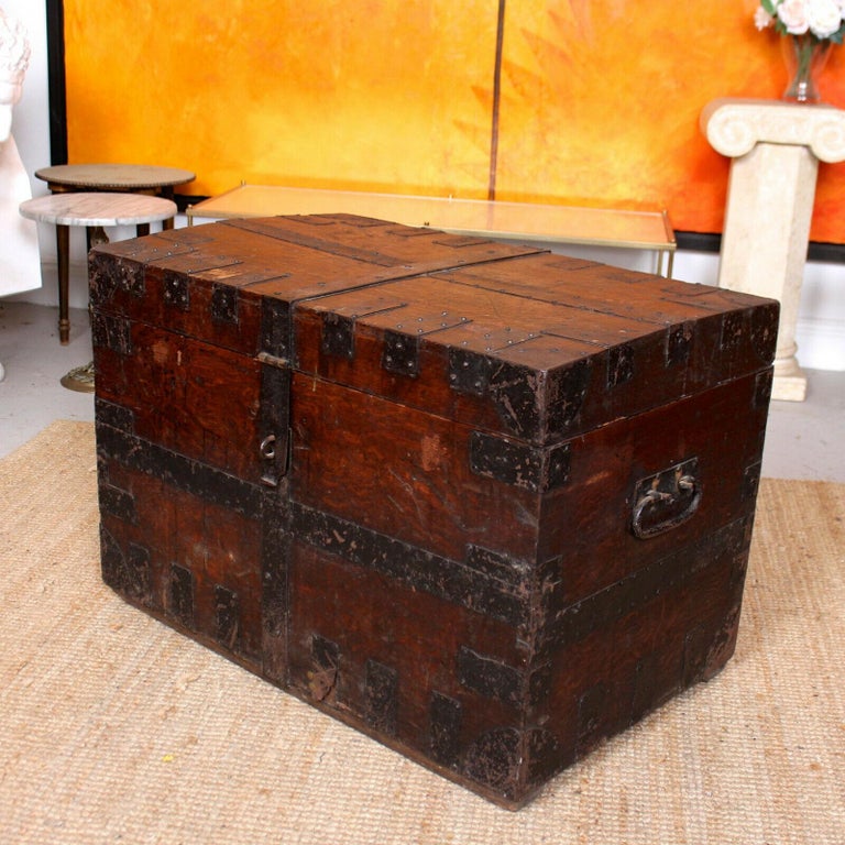 English Oak Iron Bound Silver Chest 19th Century Trunk Blanket Box For Sale  at 1stDibs