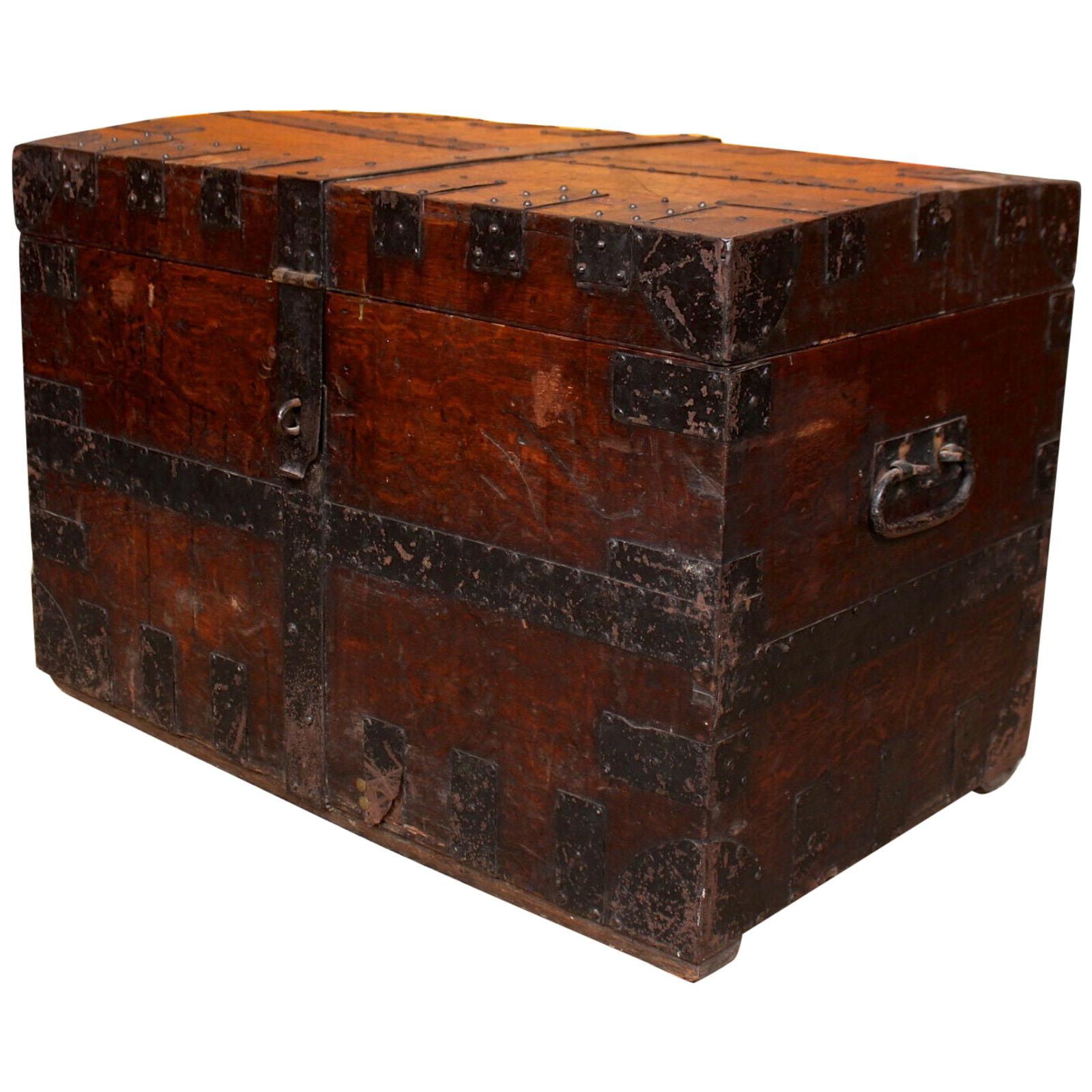 English Oak Iron Bound Silver Chest 19th Century Trunk Blanket Box For Sale