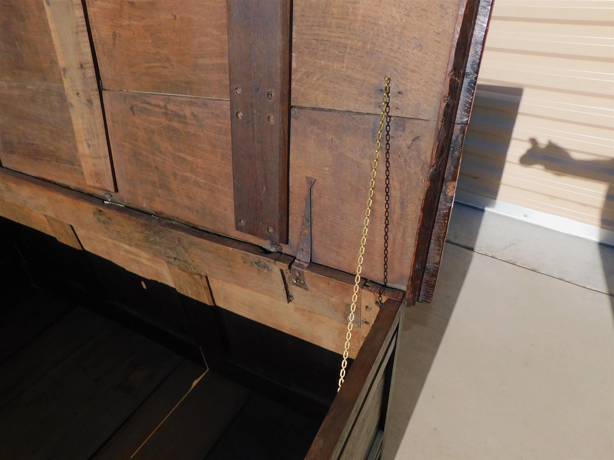 Wrought Iron English Oak Jacobean Three Carved Panel Diamond & Pinwheel Hinged Coffer, C 1720 For Sale