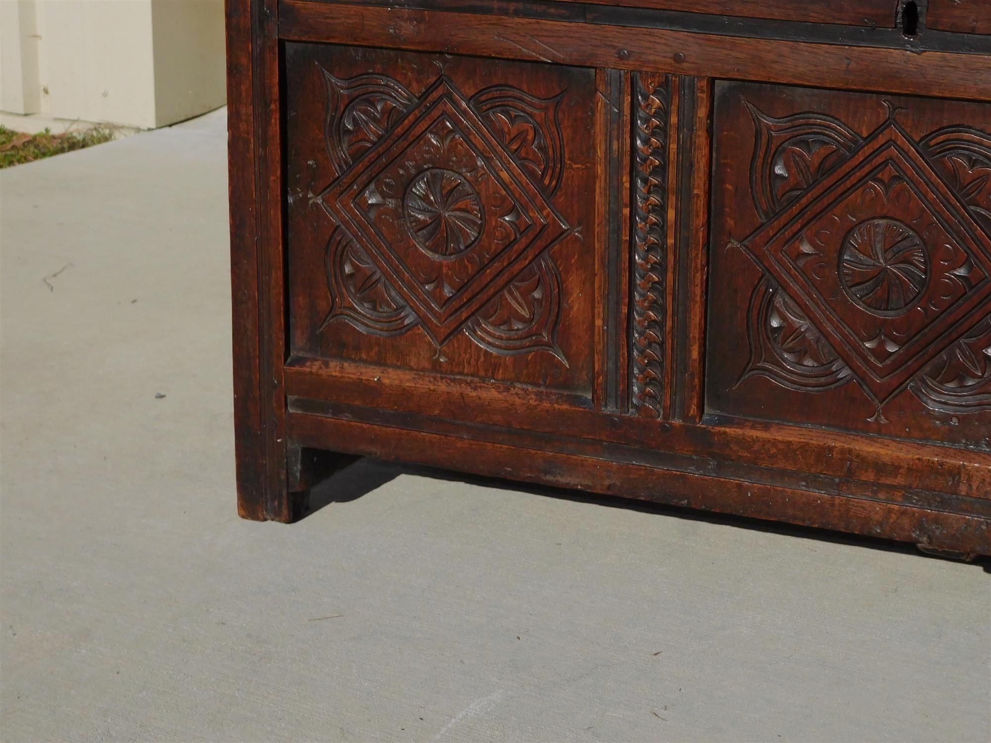 English Oak Jacobean Three Carved Panel Diamond & Pinwheel Hinged Coffer, C 1720 For Sale 2