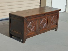 English Oak Jacobean Three Carved Panel Diamond & Pinwheel Hinged Coffer, C 1720