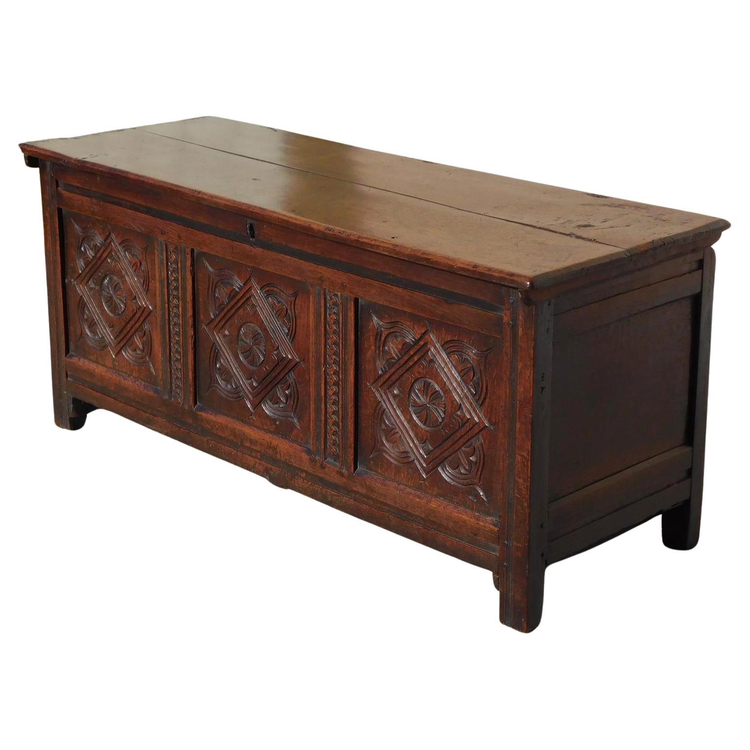 English Oak Jacobean Three Carved Panel Diamond & Pinwheel Hinged Coffer, C 1720 For Sale
