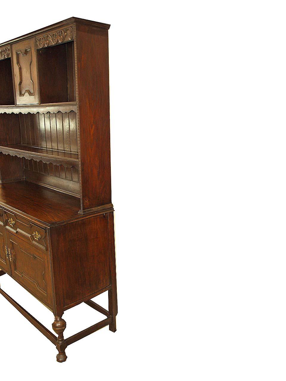 Turned English Oak Jacobean Style Pewter Cupboard For Sale