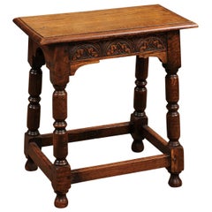 English Oak Joint Stool with Craved Frieze, circa 1890