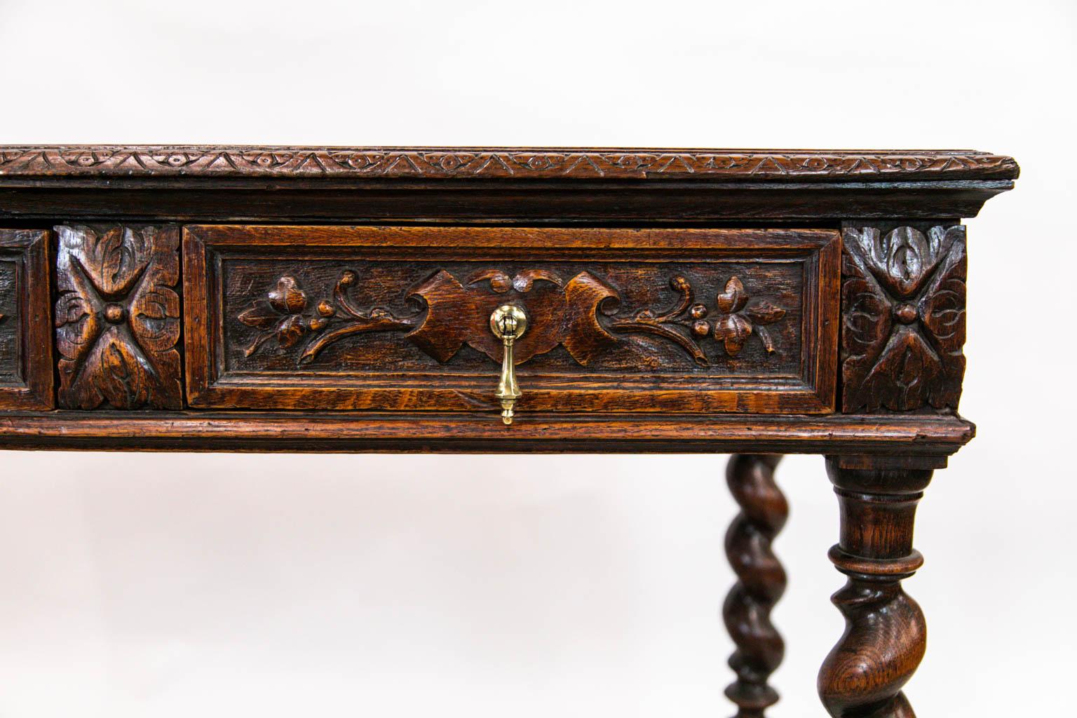 English Oak Leather Top Barley Twist Writing Table In Good Condition In Wilson, NC