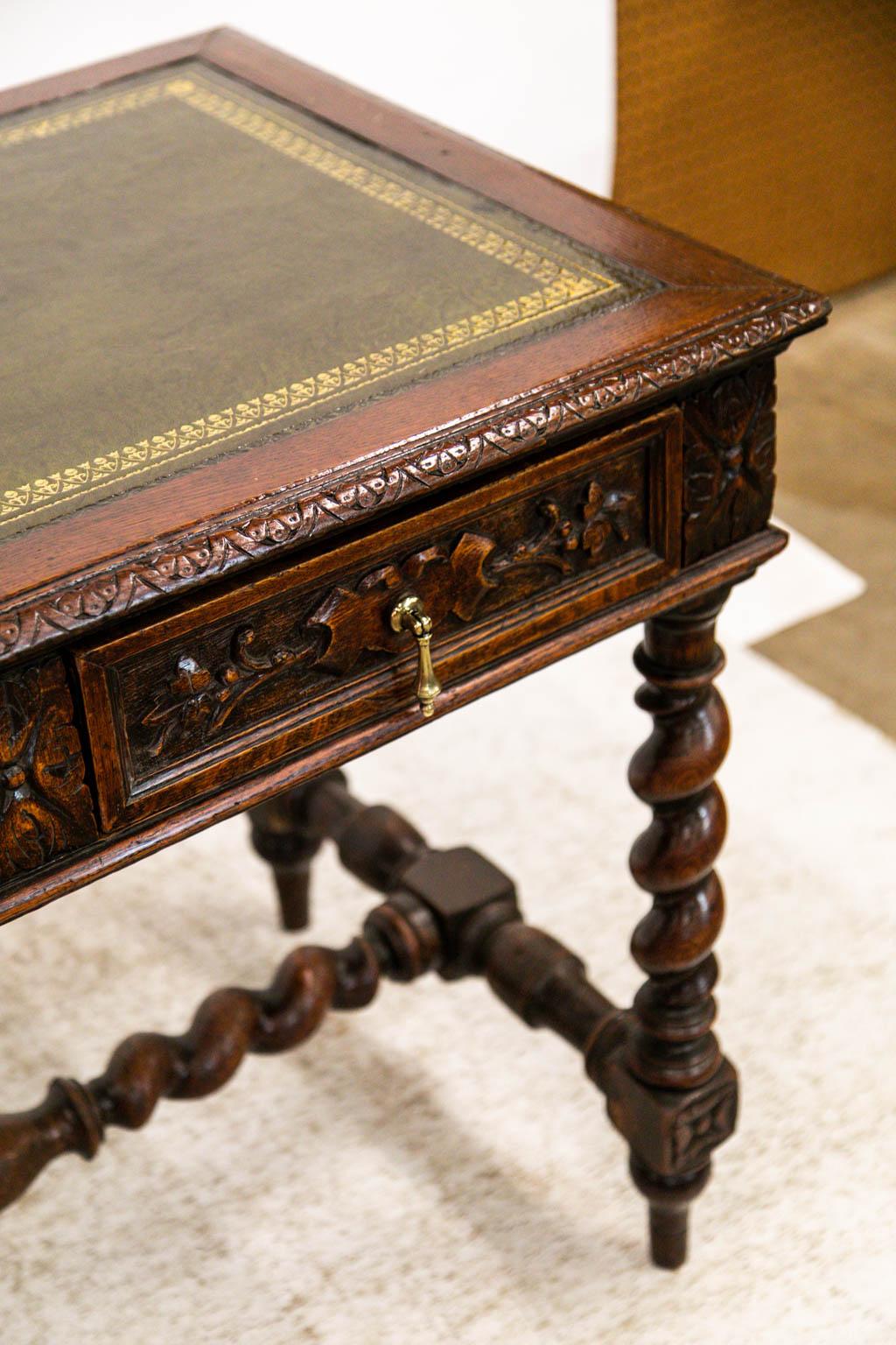 Late 19th Century English Oak Leather Top Barley Twist Writing Table
