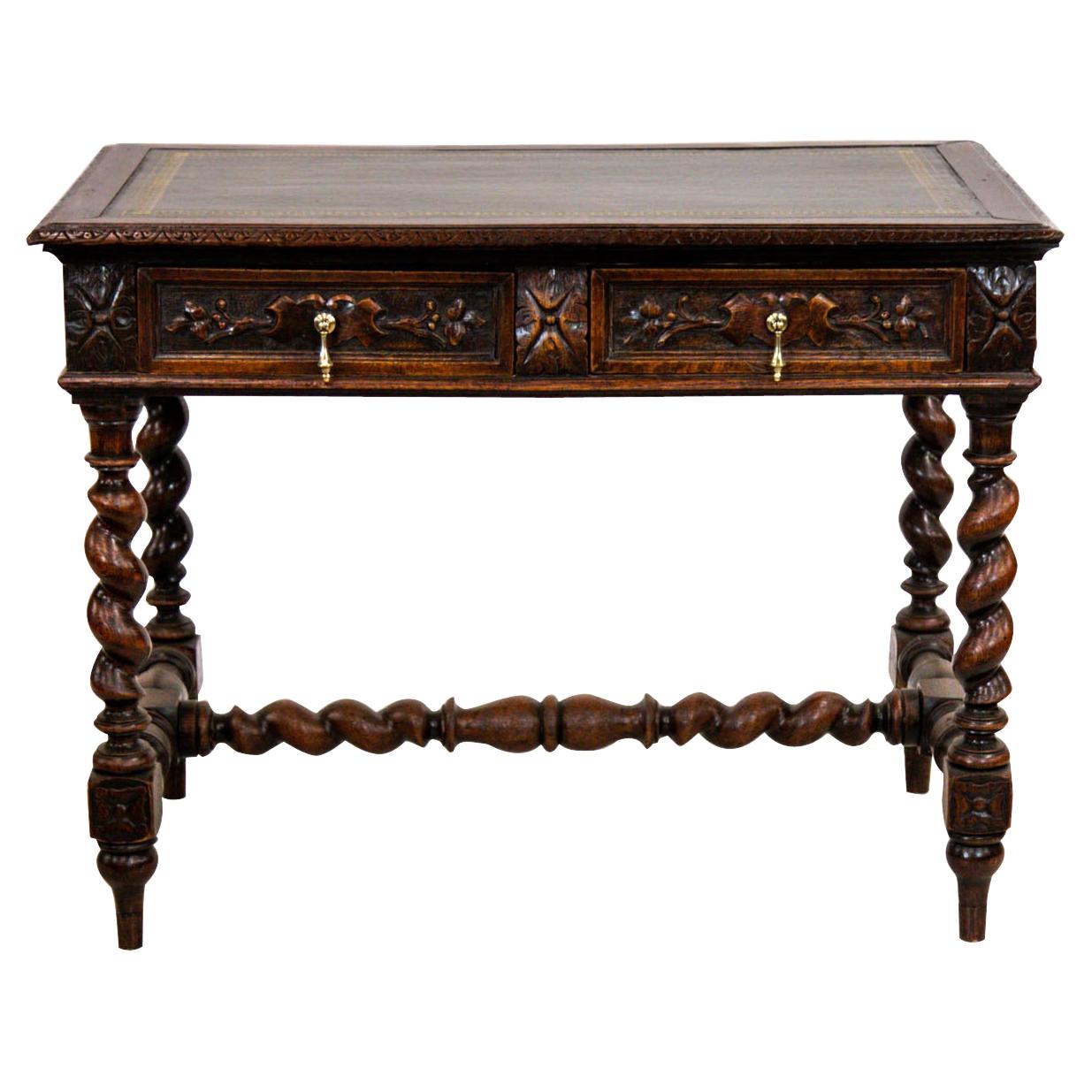 English Oak Leather Top Barley Twist Writing Table