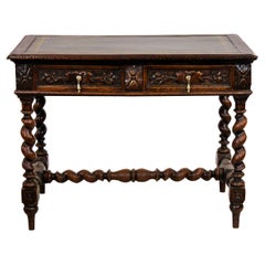 Antique English Oak Leather Top Barley Twist Writing Table